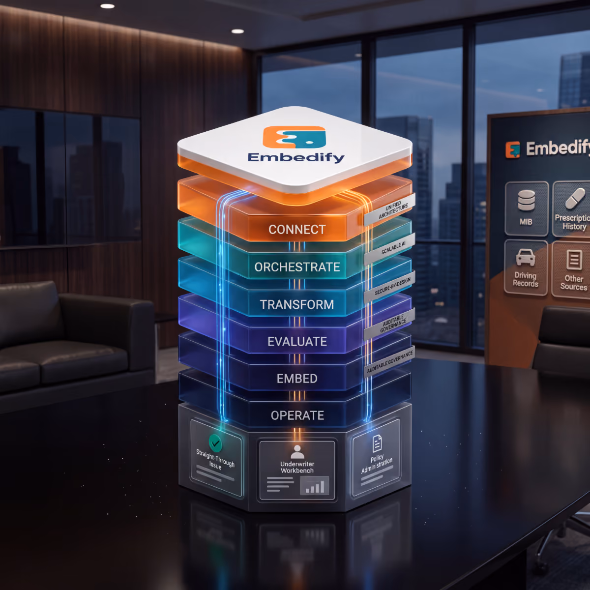 Connect -> Orchestrate -> Transform -> Evaluate -> Embed -> Operate