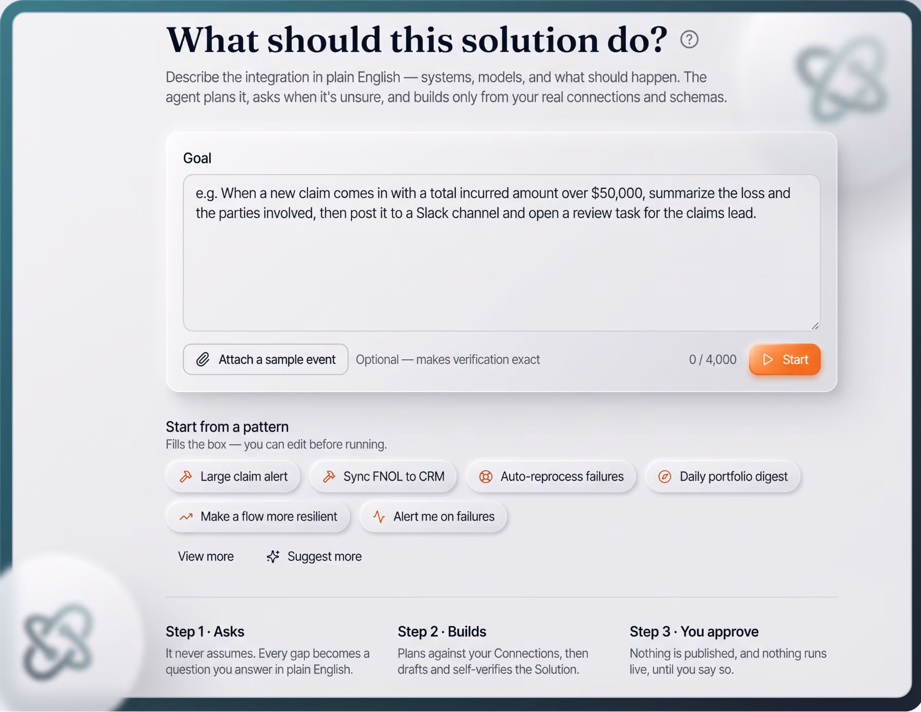 Embedify integration agent asking what a solution should do, with a plain-English goal box and starter patterns
