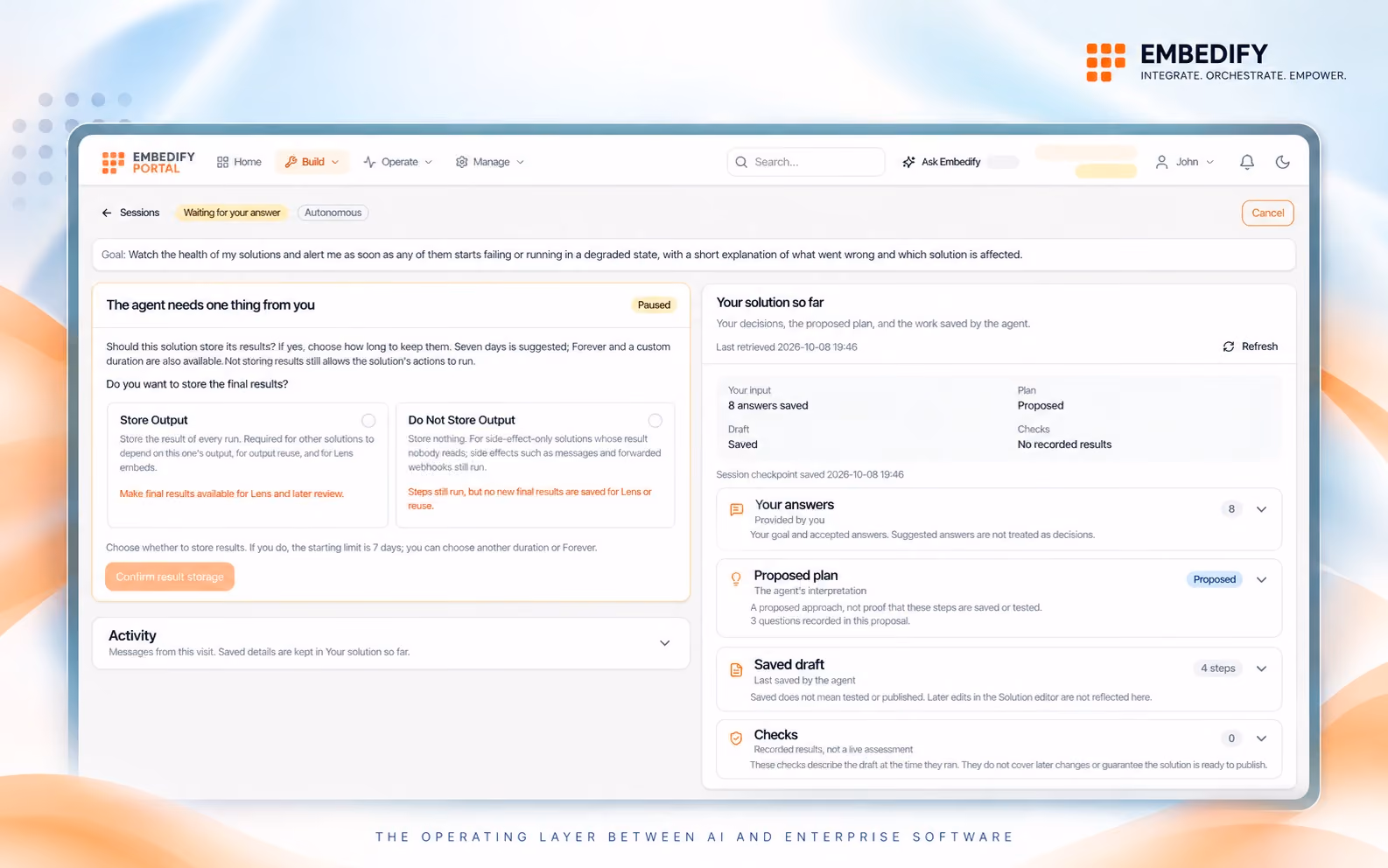 Embedify integration agent asking a clarifying question while planning a solution.