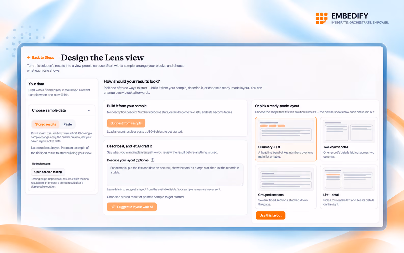 Embedify Lens view designer with three ways to start: build from sample data, describe the layout for the agent to draft, or pick a ready-made layout.