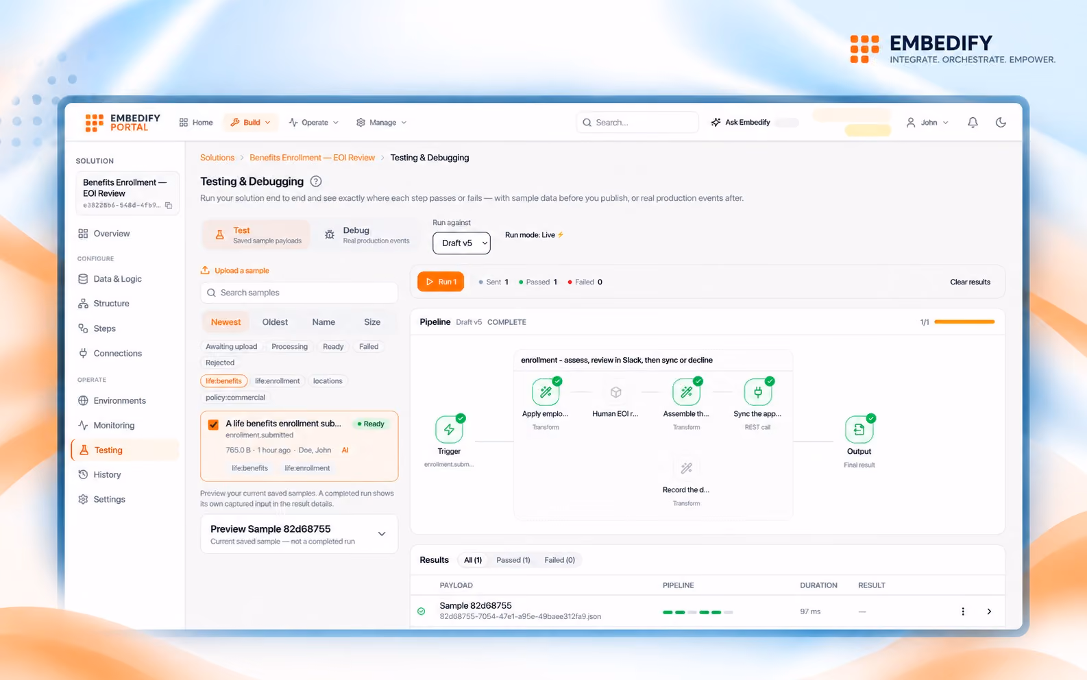 Embedify testing and debugging view running sample events through a draft solution, with each step and its result shown in the pipeline.
