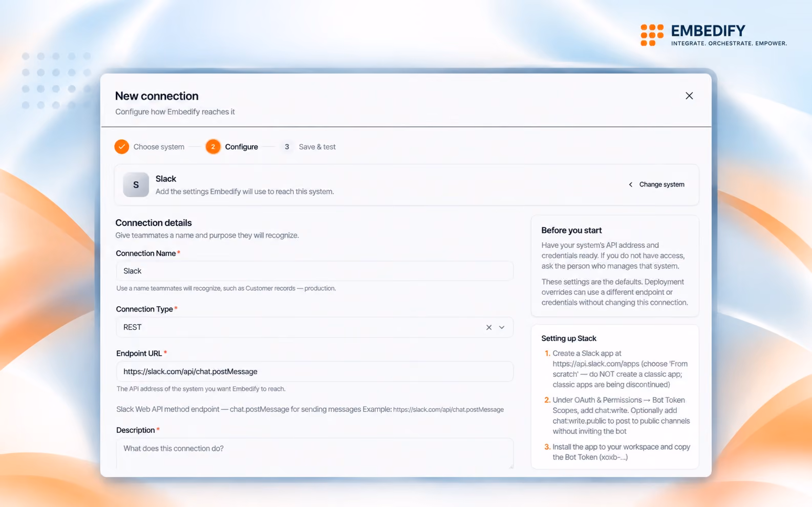 Embedify new connection wizard on the Configure step for a Slack connection, with name, connection type and endpoint fields and setup guidance for that system alongside.