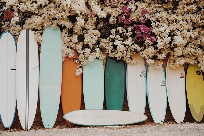 Colorful surfboards ready for guests at Salt House Morocco