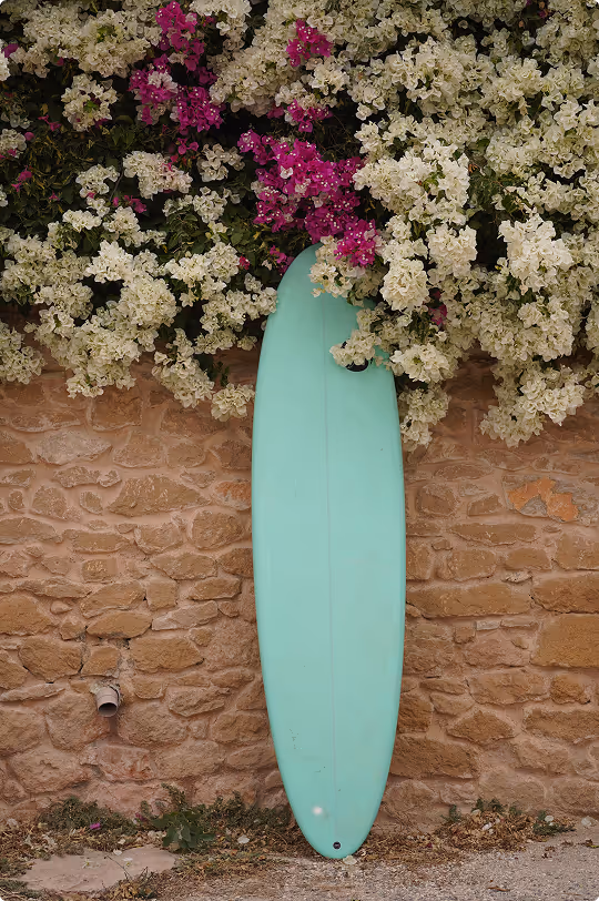 Fun-shaped turquoise surfboard for all wave conditions