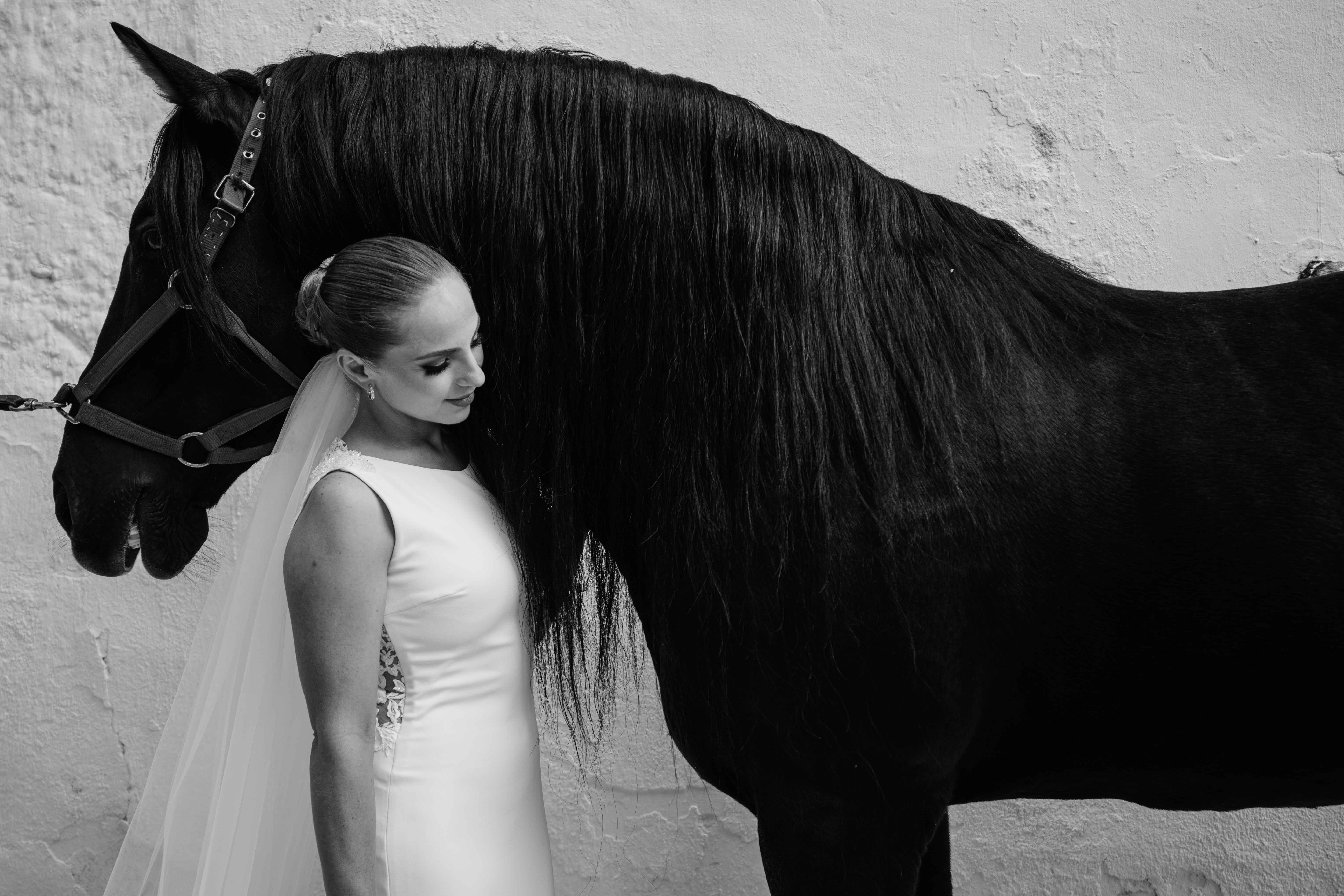 novia junto a un caballo negro en un retrato de boda en blanco y negro