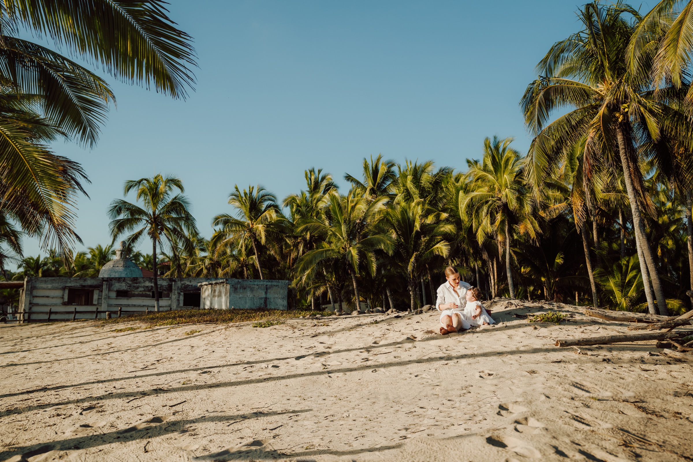 sesión de retrato en una playa rodeada de palmeras