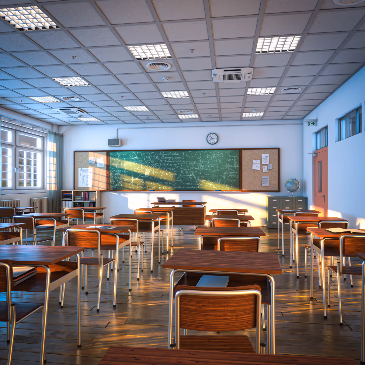Empty classroom with wooden desks, a chalkboard filled with math formulas, and sunlight streaming through windows.