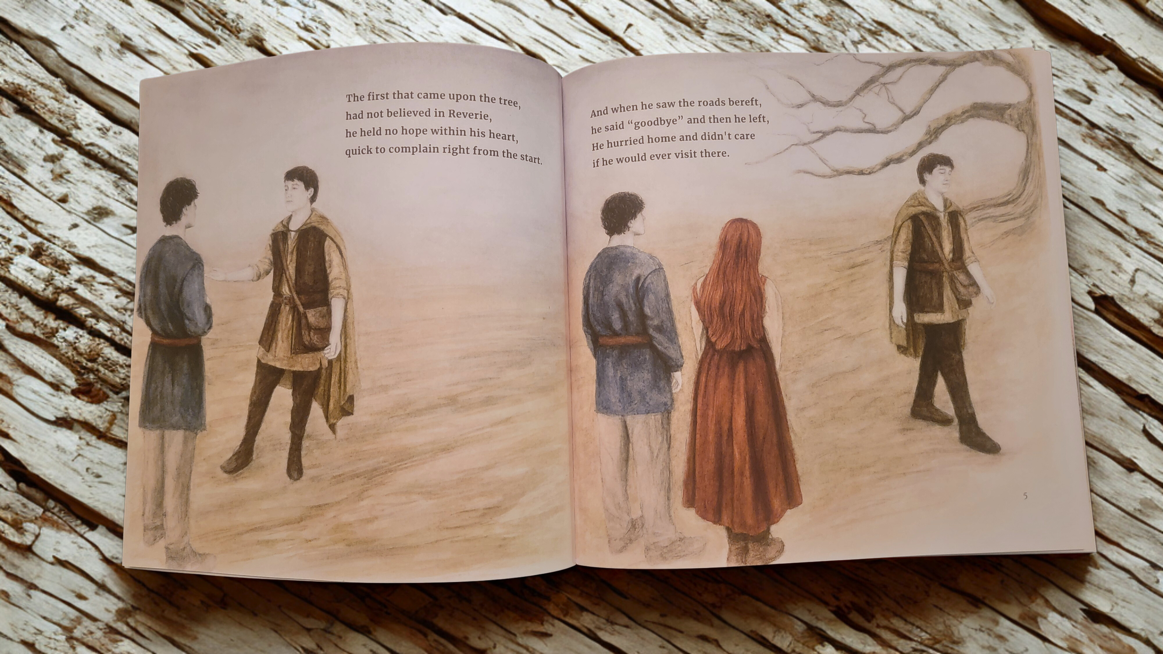 Illustration of four people in medieval-style clothing with text about belief and farewell around a leafless tree.