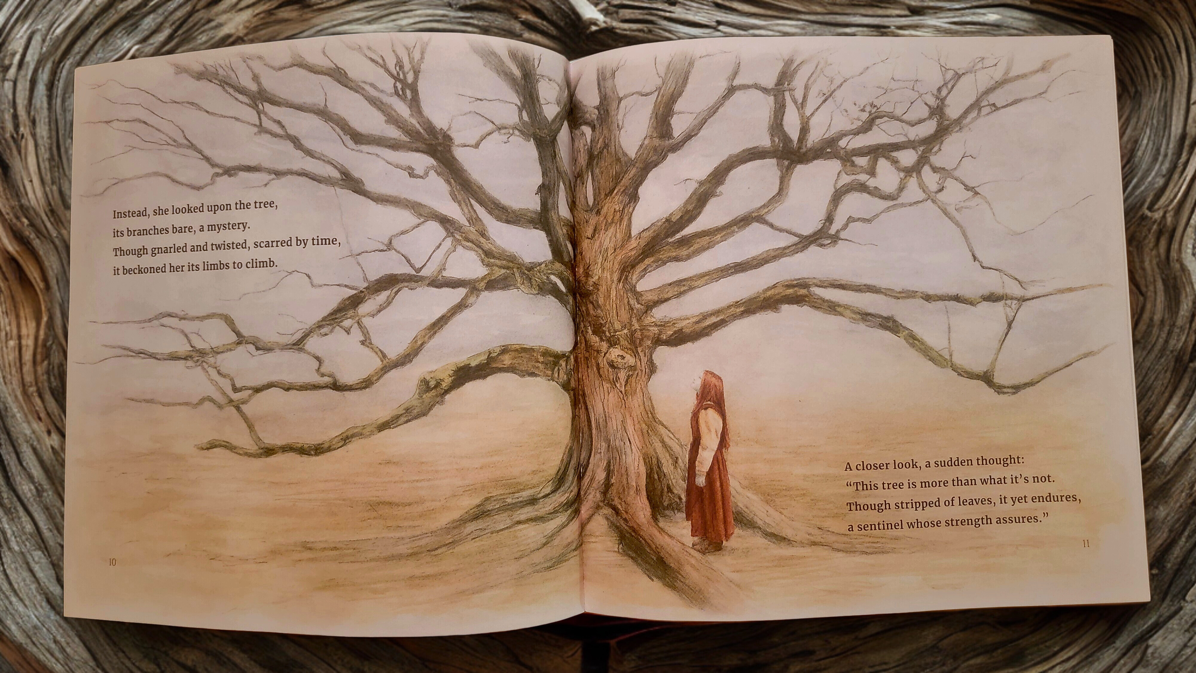 Illustration of a leafless, gnarled tree with a person in a brown cloak standing beside it and poetic text about the tree on both pages.