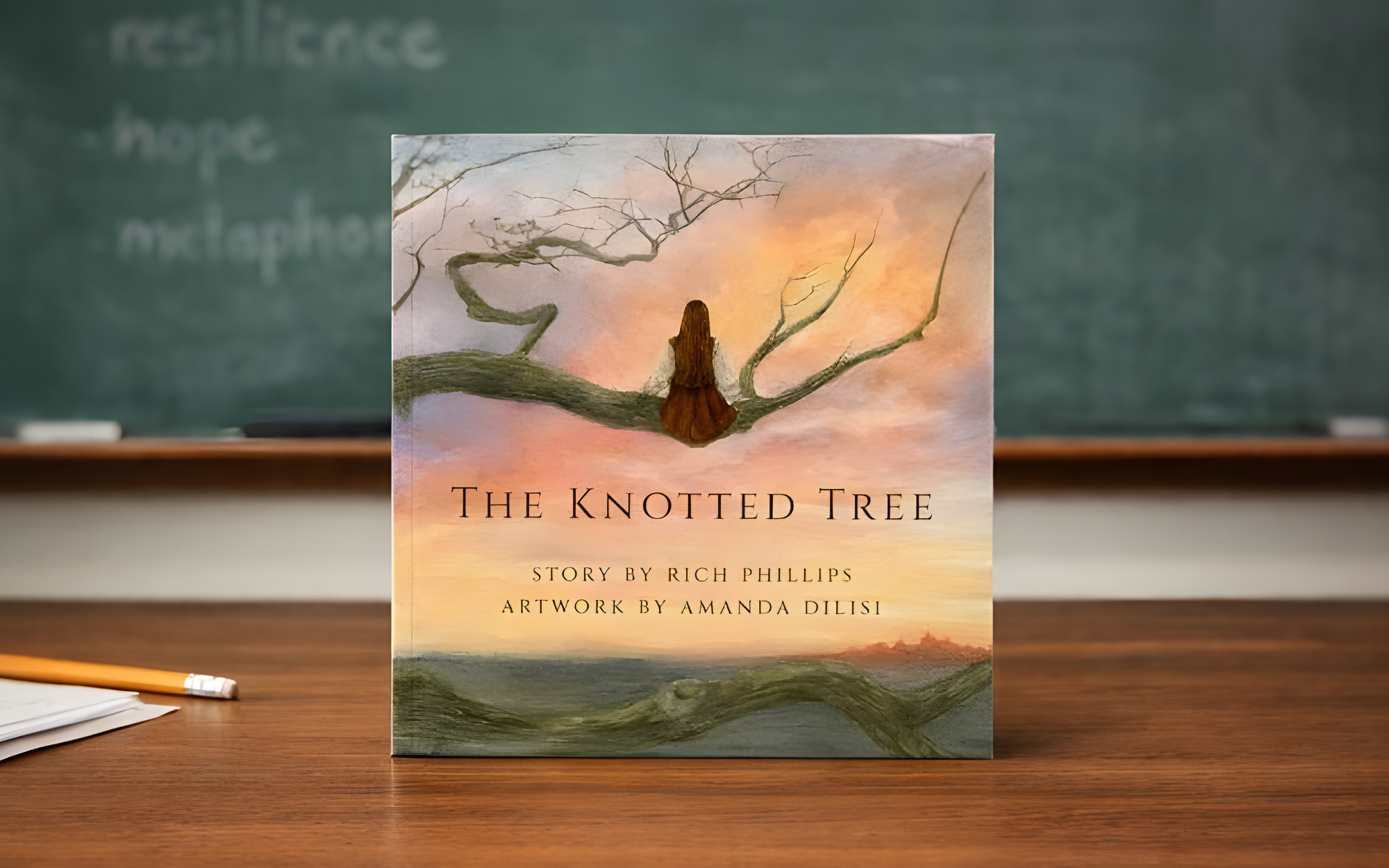 The Knotted Tree book sits on a desk in front of a chalkboard with the words "resilience", "hope" and "metaphor."