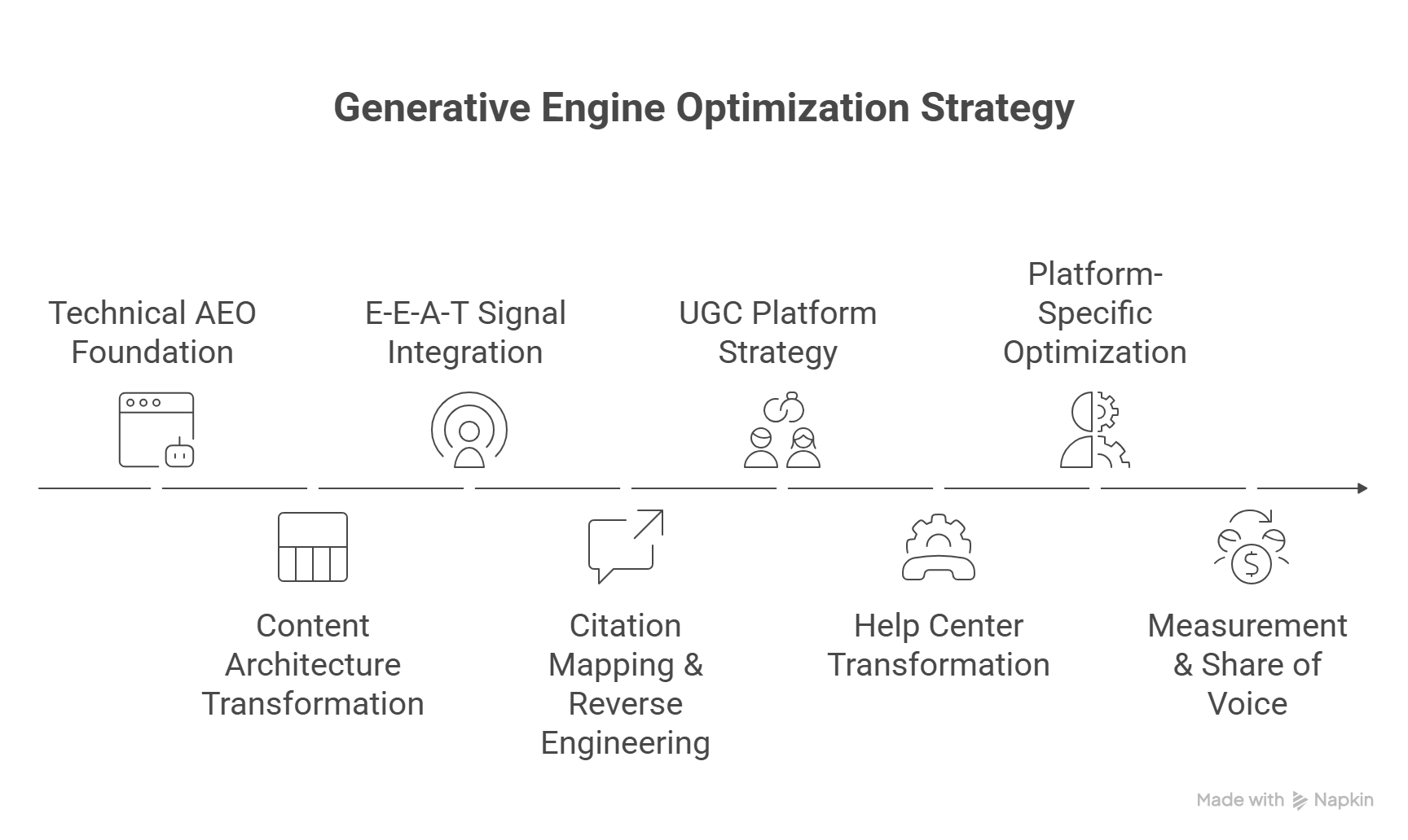 Generative Engine Optimization strategy framework: technical foundation, E-E-A-T, UGC, citation mapping, help center transformation