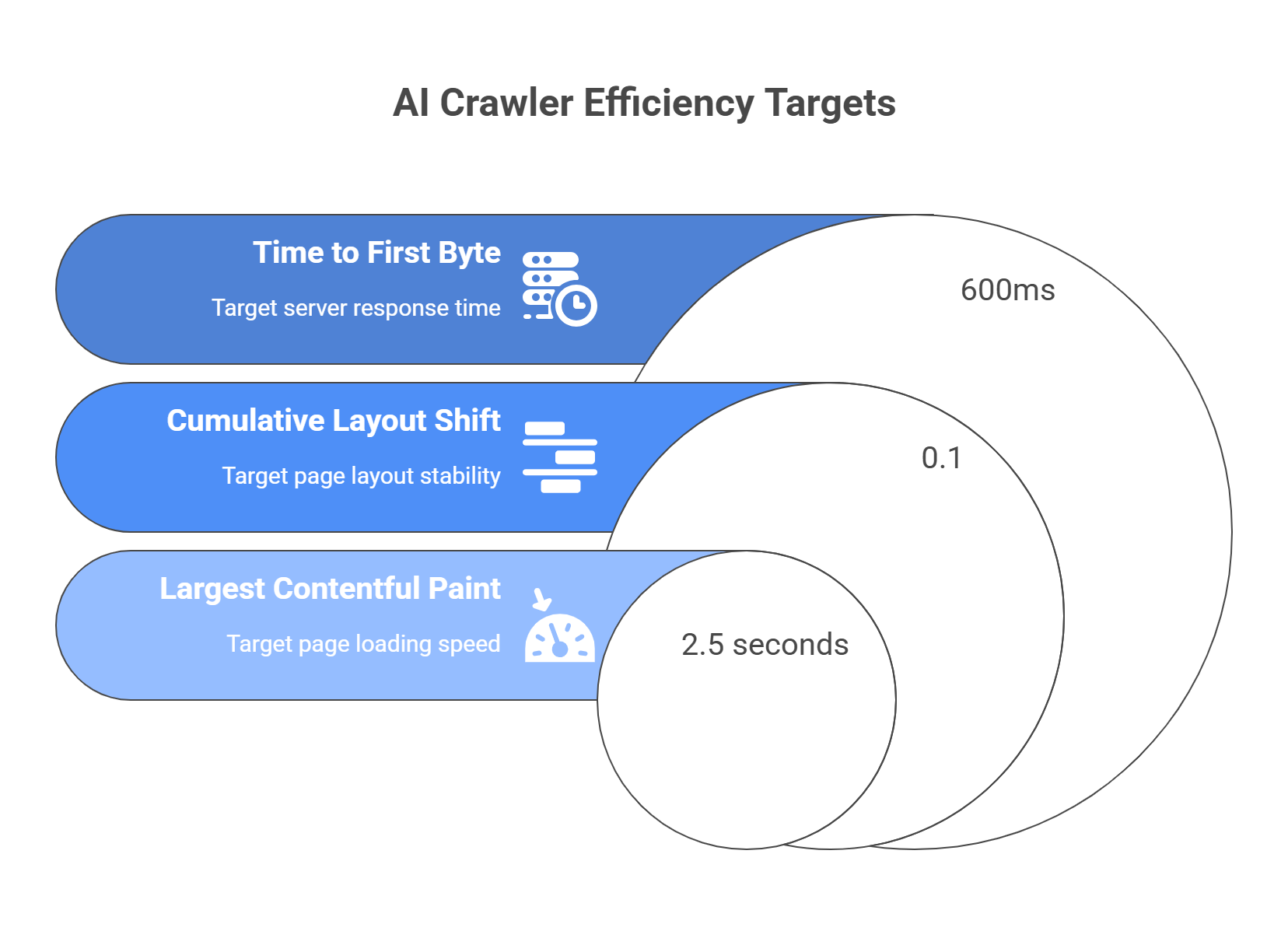 Core Web Vitals targets for AI crawler efficiency including 2.5s LCP, 0.1 CLS, and 600ms TTFB optimization for GEO performance