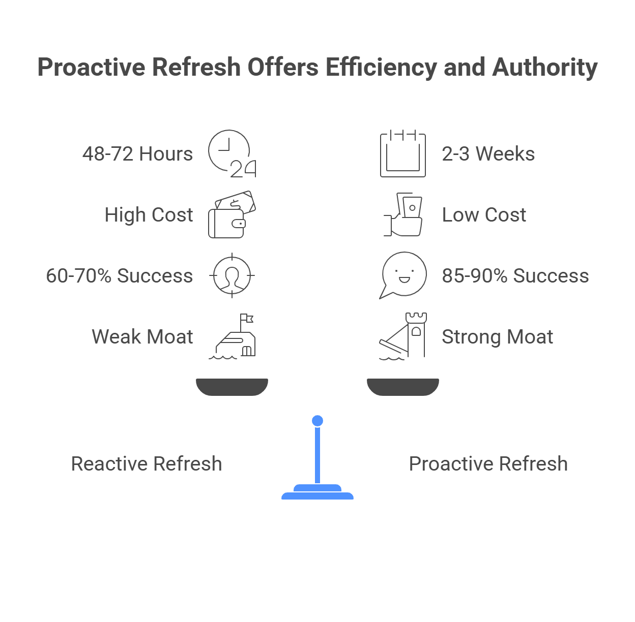 Side-by-side comparison showing reactive refresh requires 48-72 hours, high cost, 60-70% success and weak authority versus proactive refresh with 2-3 weeks, low cost, 85-90% success and strong competitive moat.