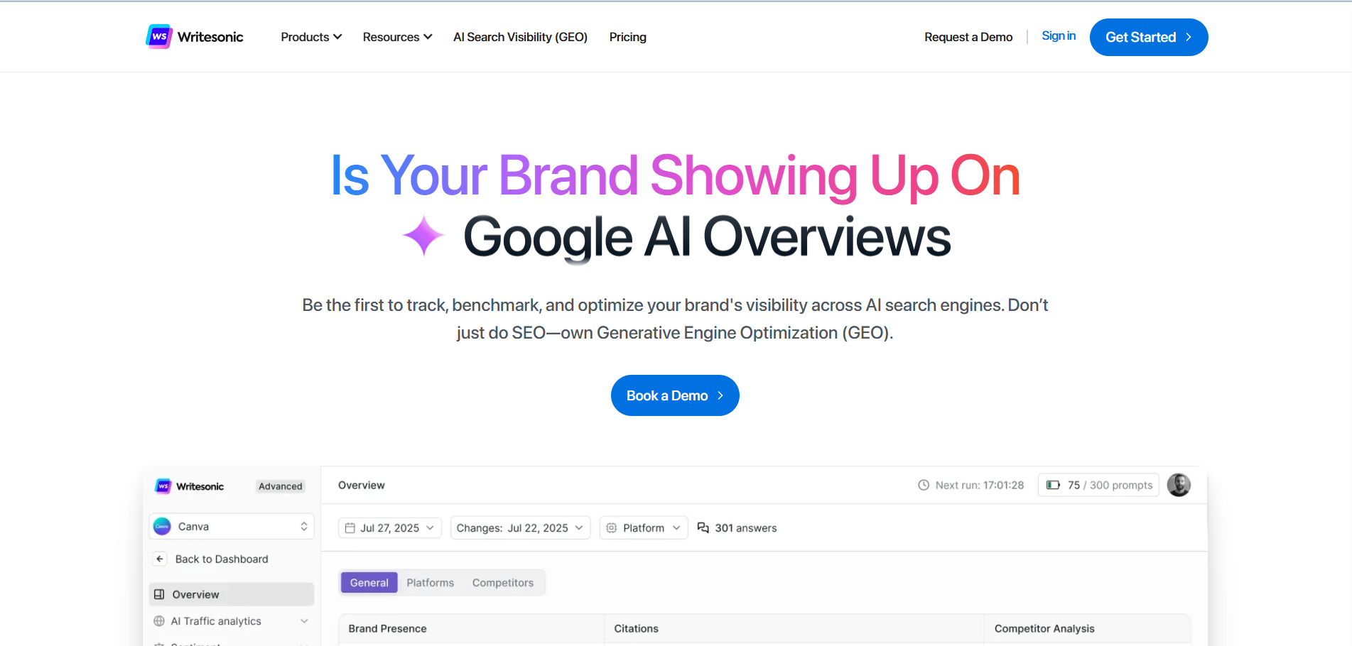 Writesonic GEO Suite combining AI content generation with visibility tracking tools