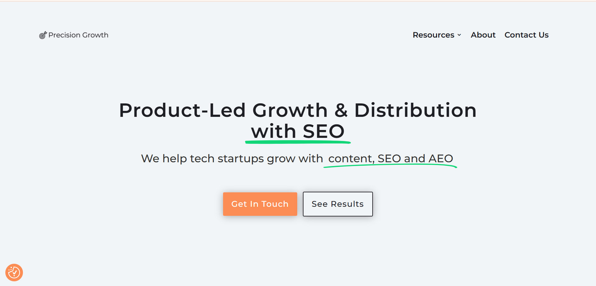 Precision Growth homepage featuring product-led SEO and AEO strategies for tech startups