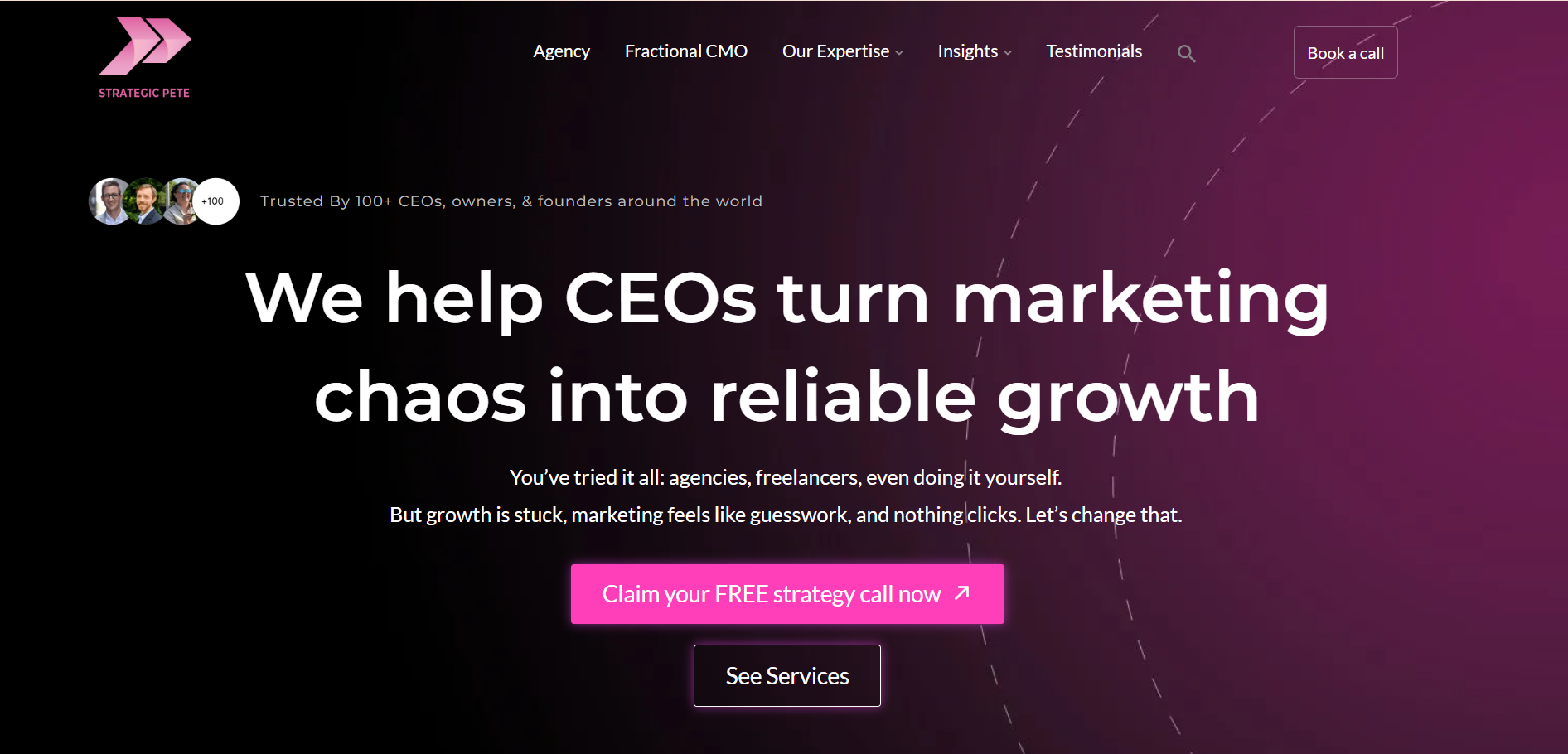 Strategic Pete marketing agency homepage helping CEOs transform chaos into reliable growth