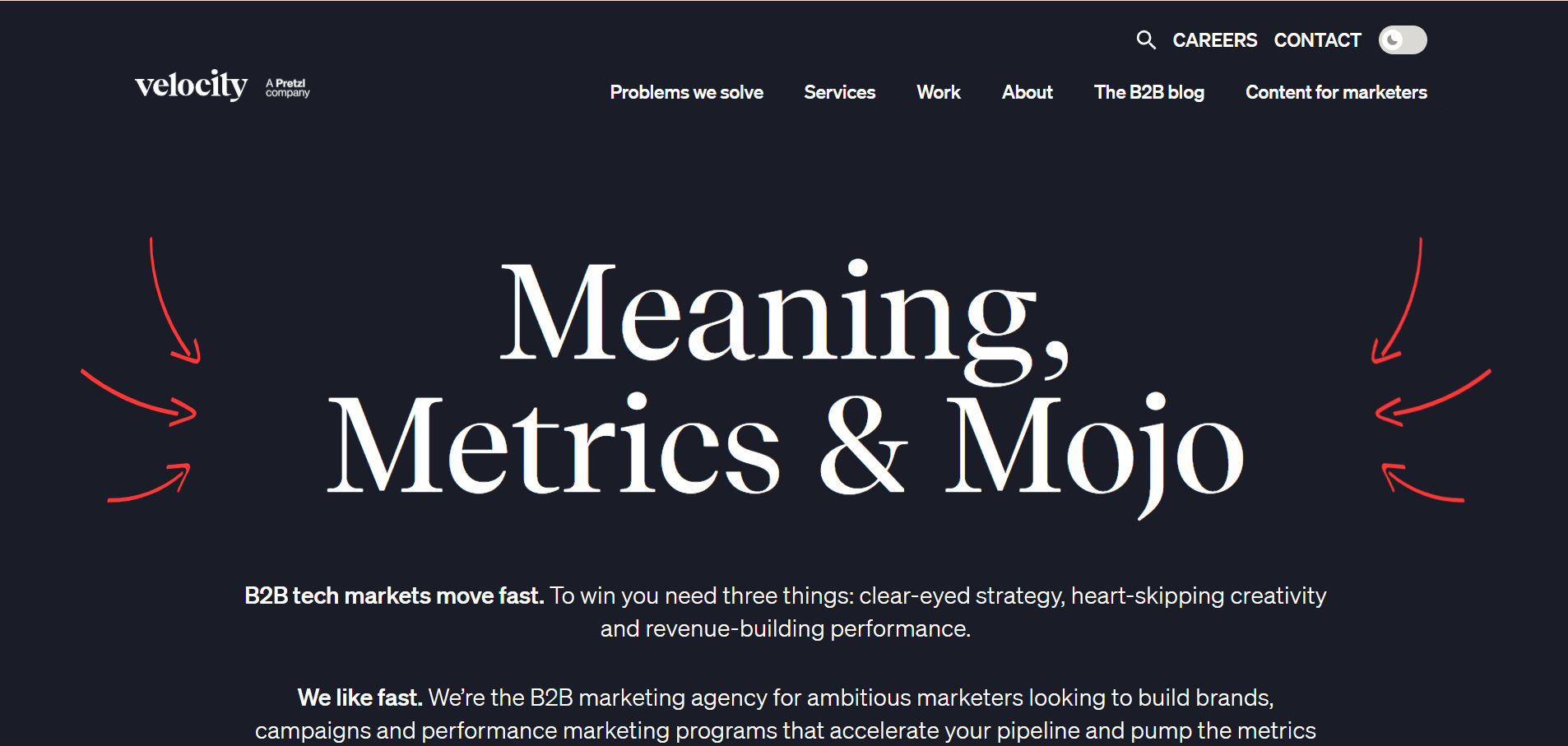 Velocity Partners B2B marketing agency homepage emphasizing meaning, metrics, and performance