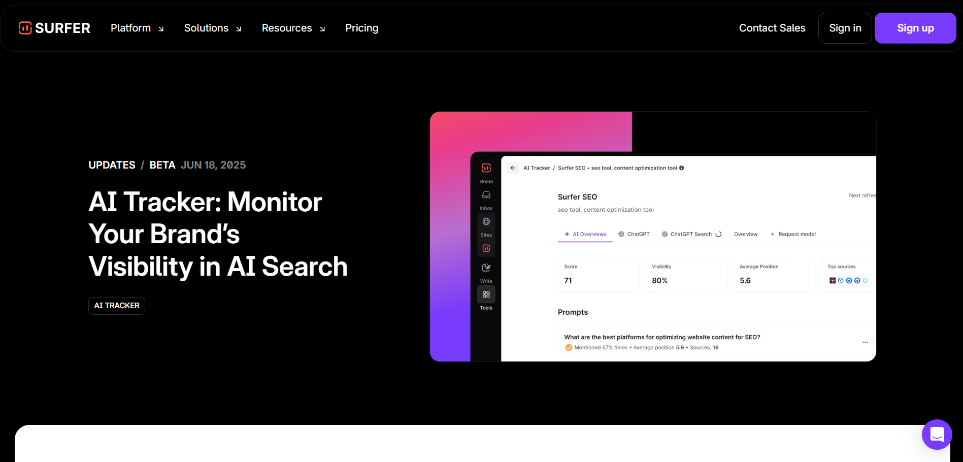 Surfer SEO AI Tracker monitoring brand visibility in ChatGPT search results