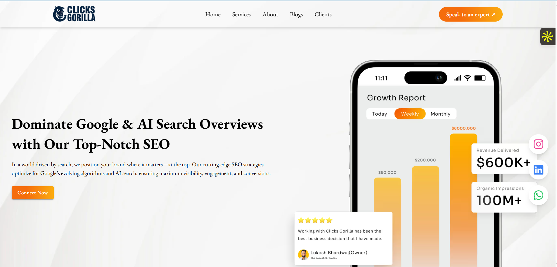 Clicks Gorilla healthcare SEO agency homepage showing Google and AI search optimization services with growth metrics