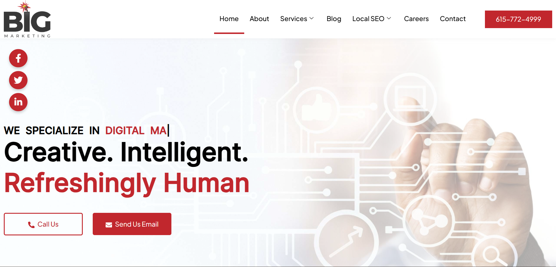 Big Marketing digital marketing agency homepage emphasizing creative intelligent and human-centered strategies