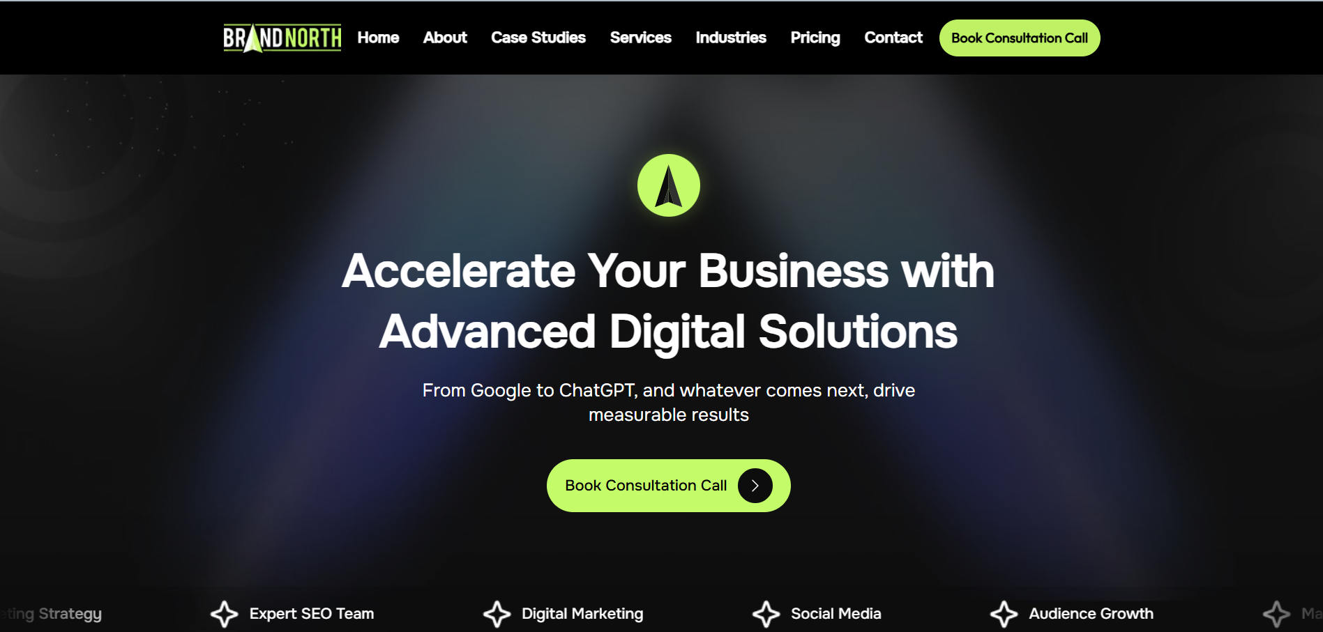 Brand North digital solutions agency homepage offering Google and ChatGPT optimization with measurable results