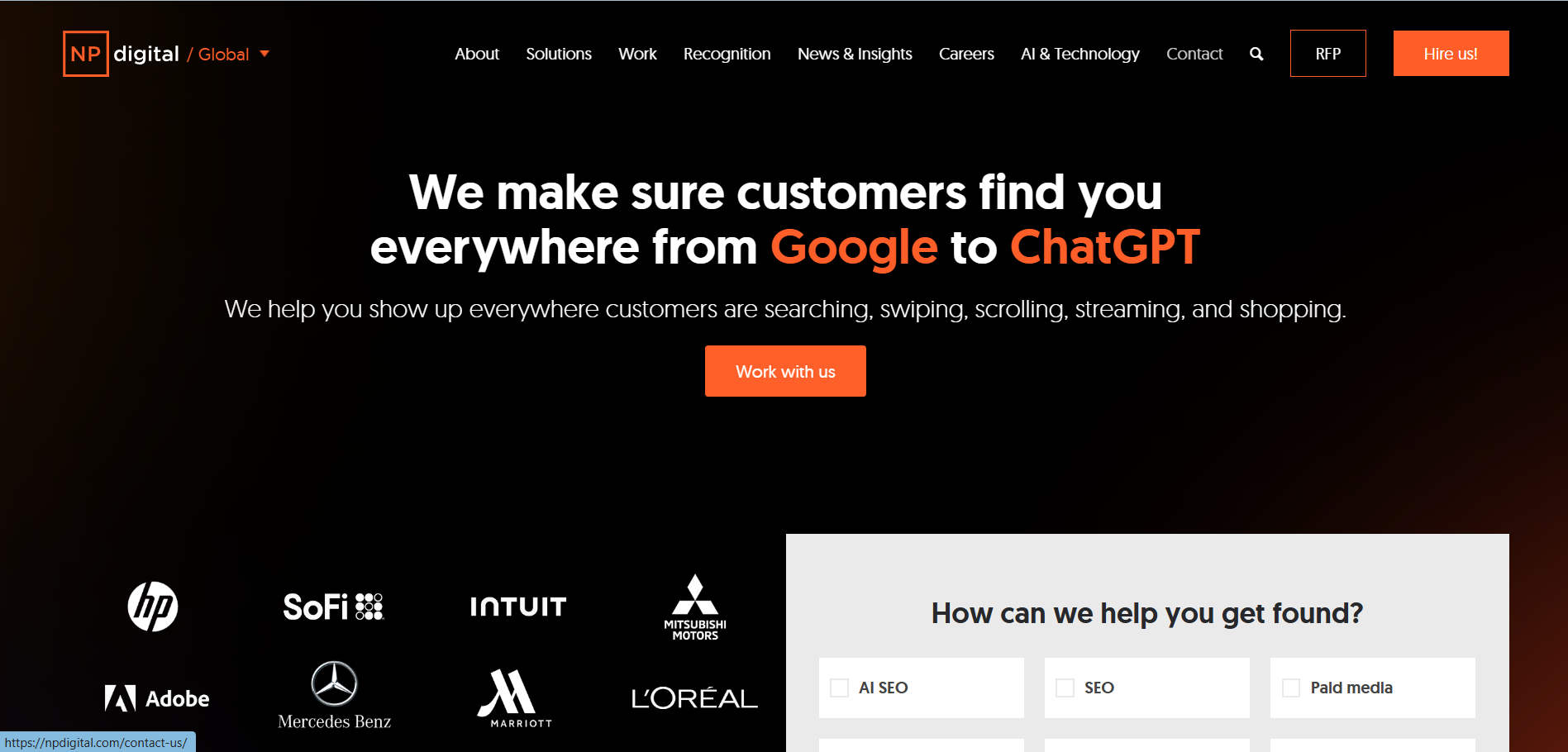  NP Digital homepage showcasing Google to ChatGPT visibility with major brand client logos and AI SEO