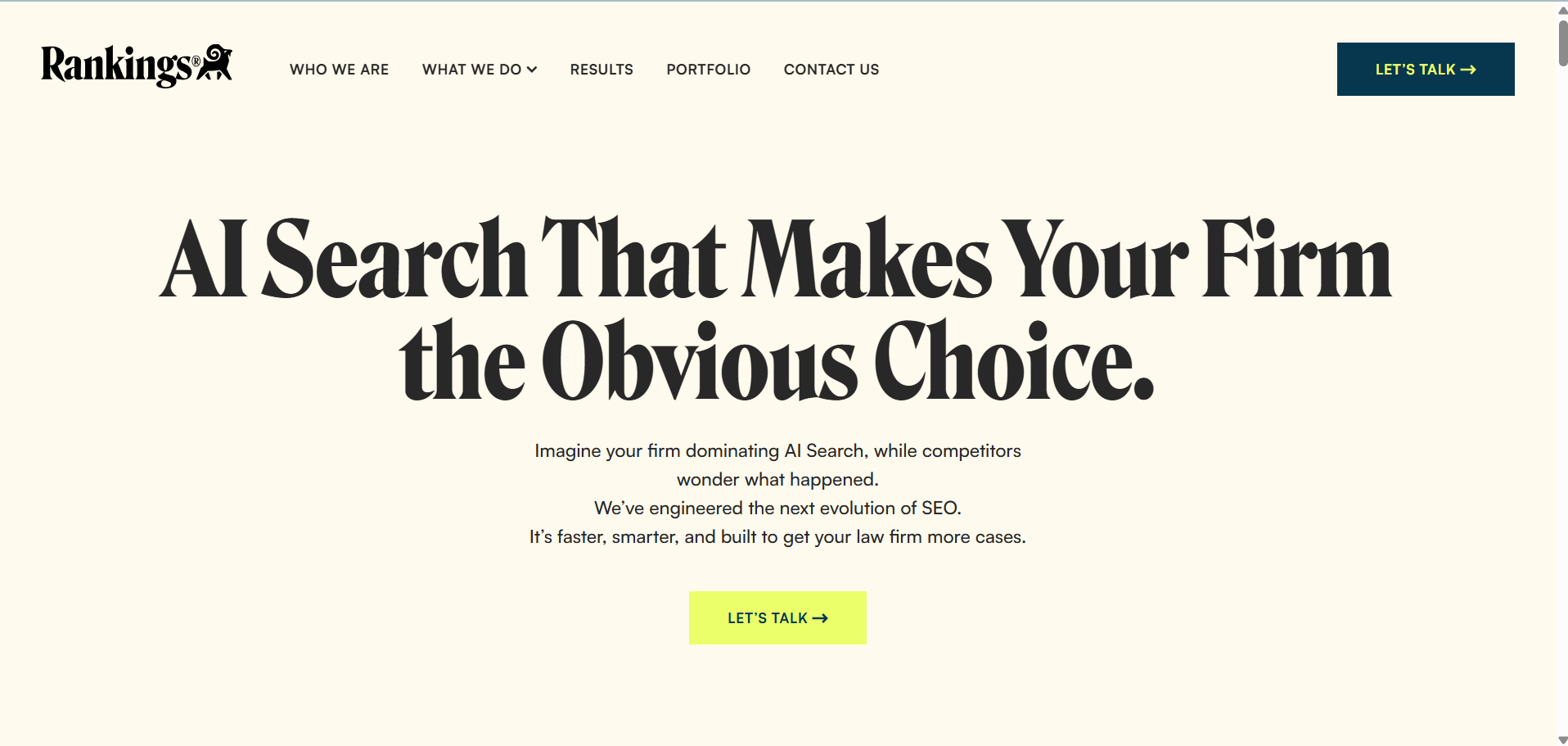 Rankings.io homepage AI search optimization making law firms the obvious choice in competitive markets