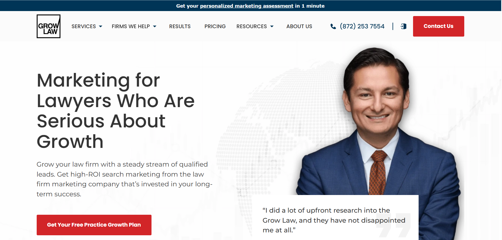 Grow Law Firm homepage marketing for lawyers serious about growth high ROI search marketing strategies