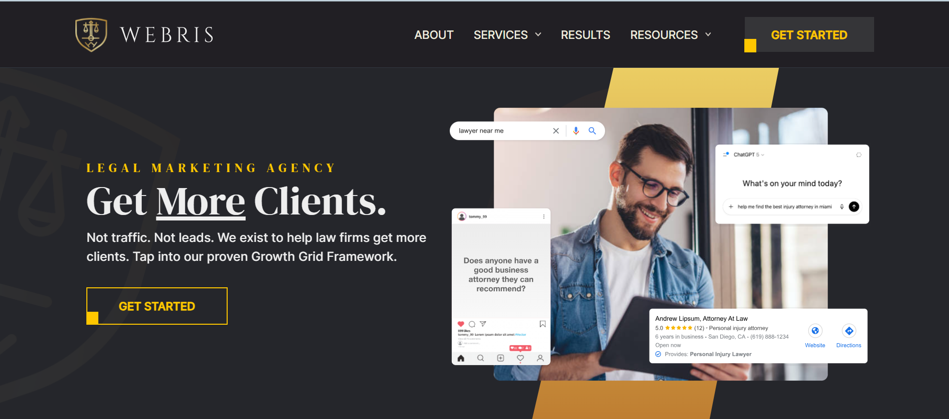 Webris legal marketing agency homepage showing Get More Clients growth grid framework for law firms