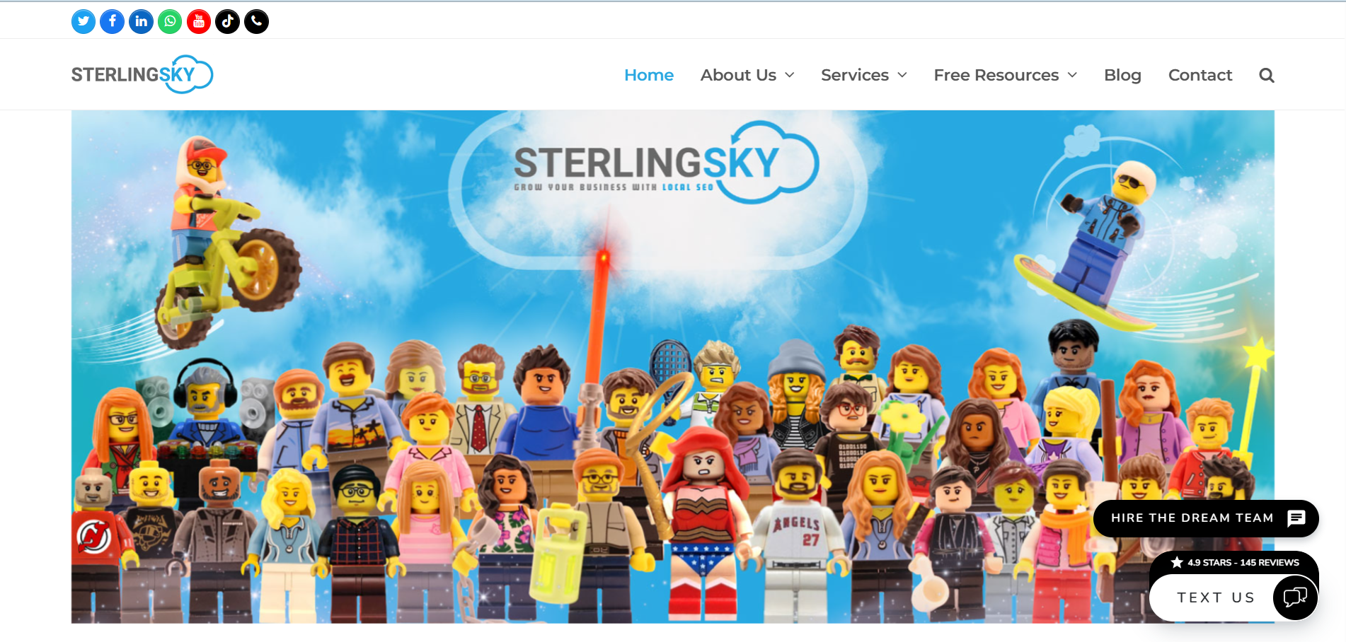 Sterling Sky homepage local SEO agency team featuring diverse LEGO characters representing collaborative approach
