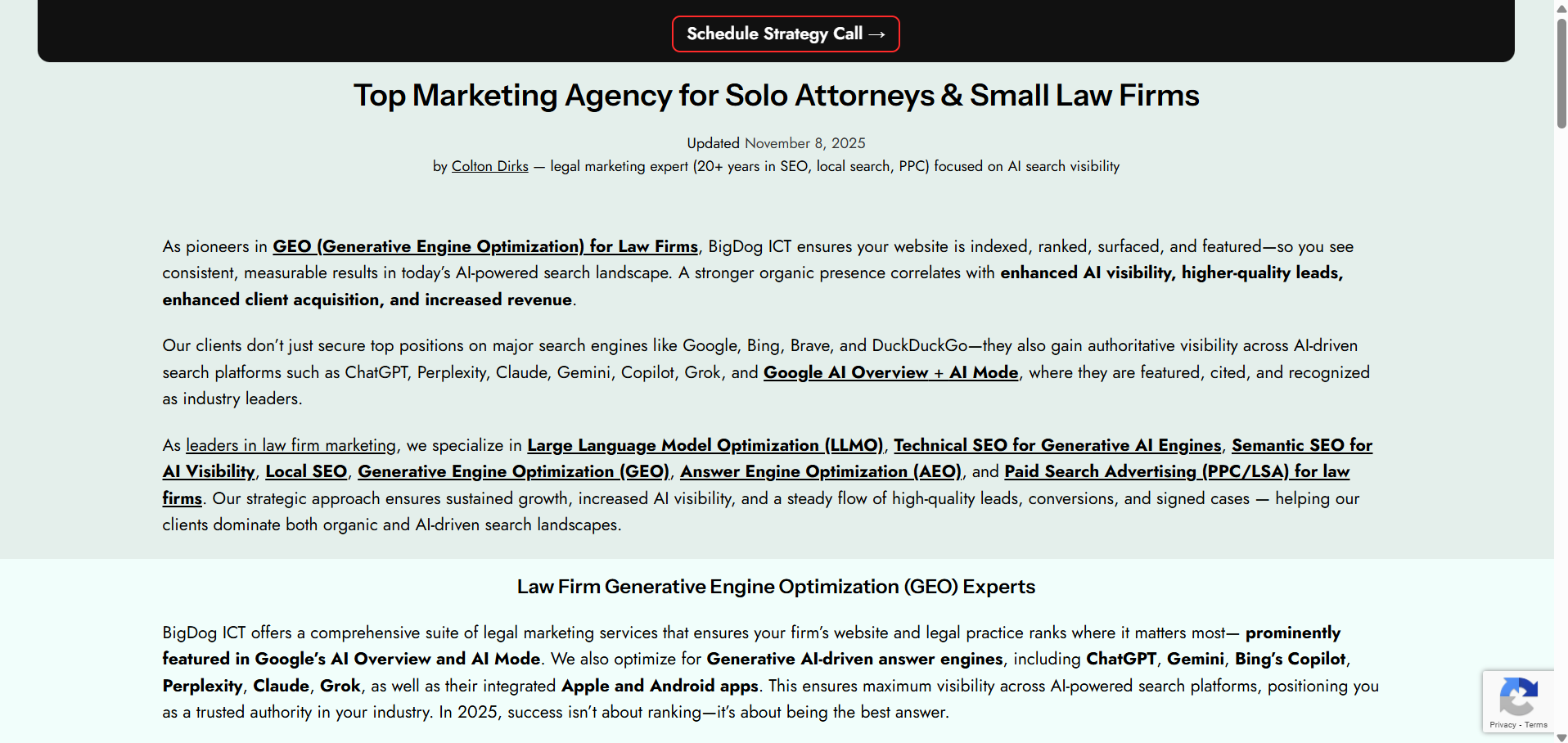 BigDog ICT top marketing agency homepage for solo attorneys small law firms AI search visibility