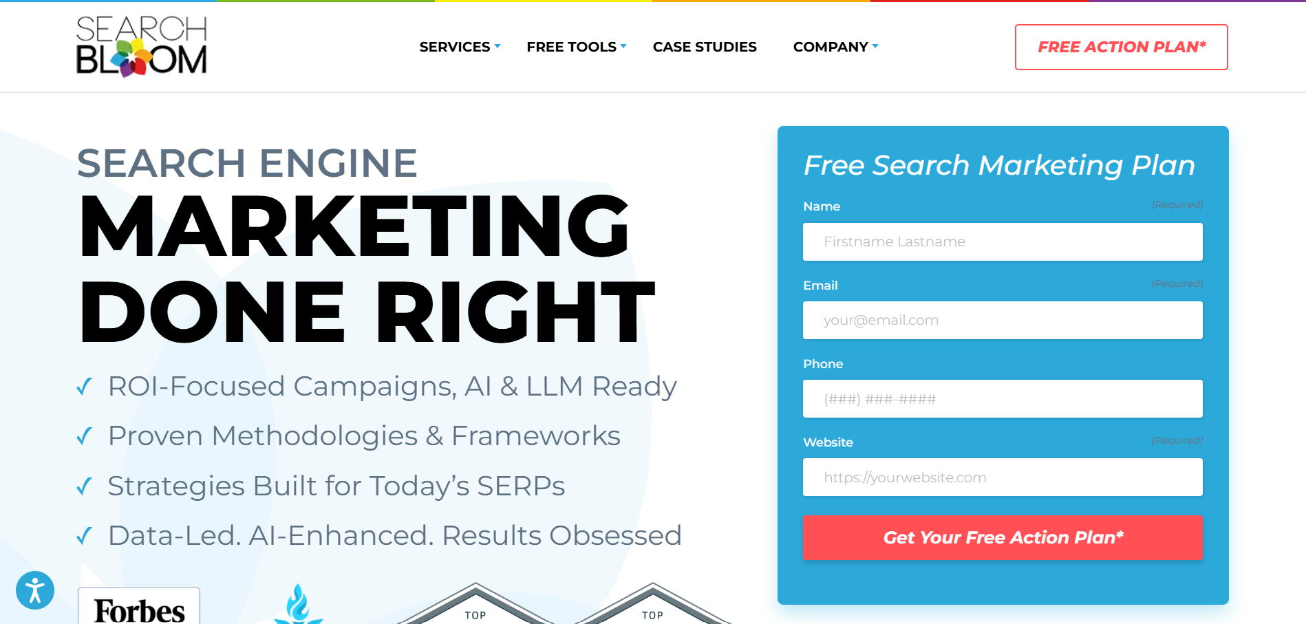 Searchbloom search engine marketing agency homepage featuring ROI-focused campaigns and AI optimization