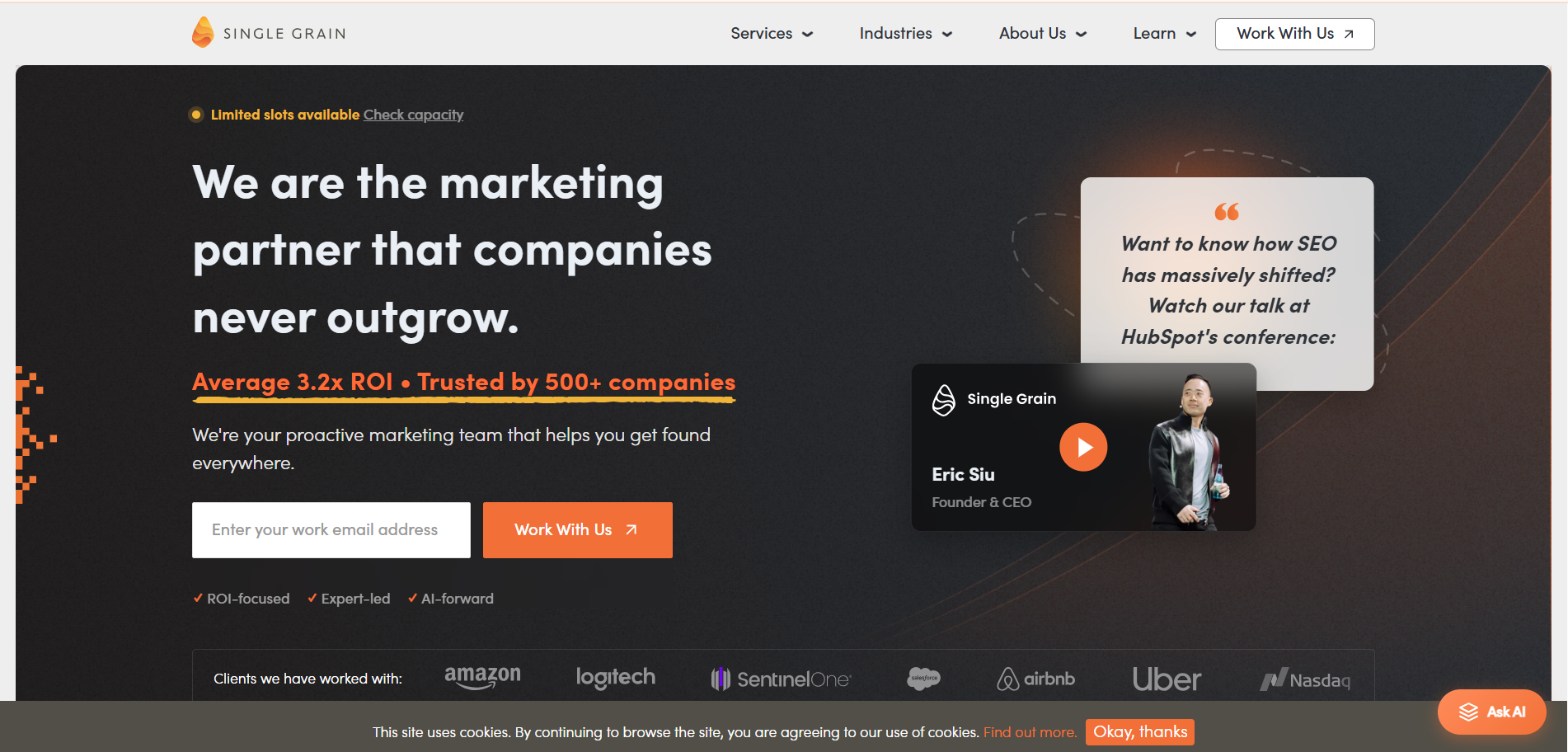 Single Grain performance marketing agency homepage showing ROI-focused campaigns for ecommerce brands