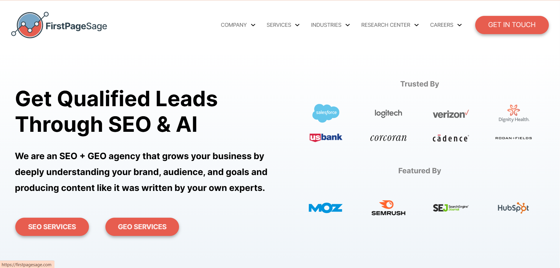 First Page Sage ecommerce AEO agency homepage showing AI visibility tracking dashboard with real-time ChatGPT Perplexity Google monitoring features for ranked GEO optimization