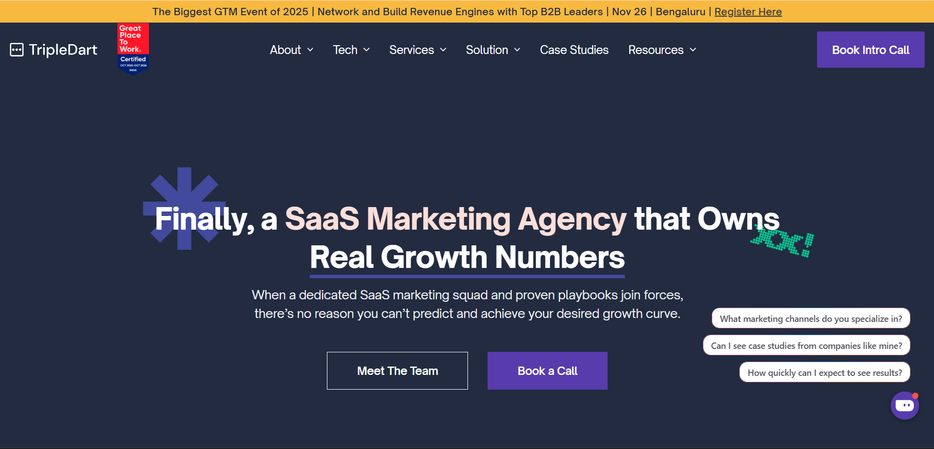 TripleDart SaaS marketing agency website announcing real growth numbers guaranteeing predictable SaaS marketing outcomes through AI-forward proven marketing playbooks