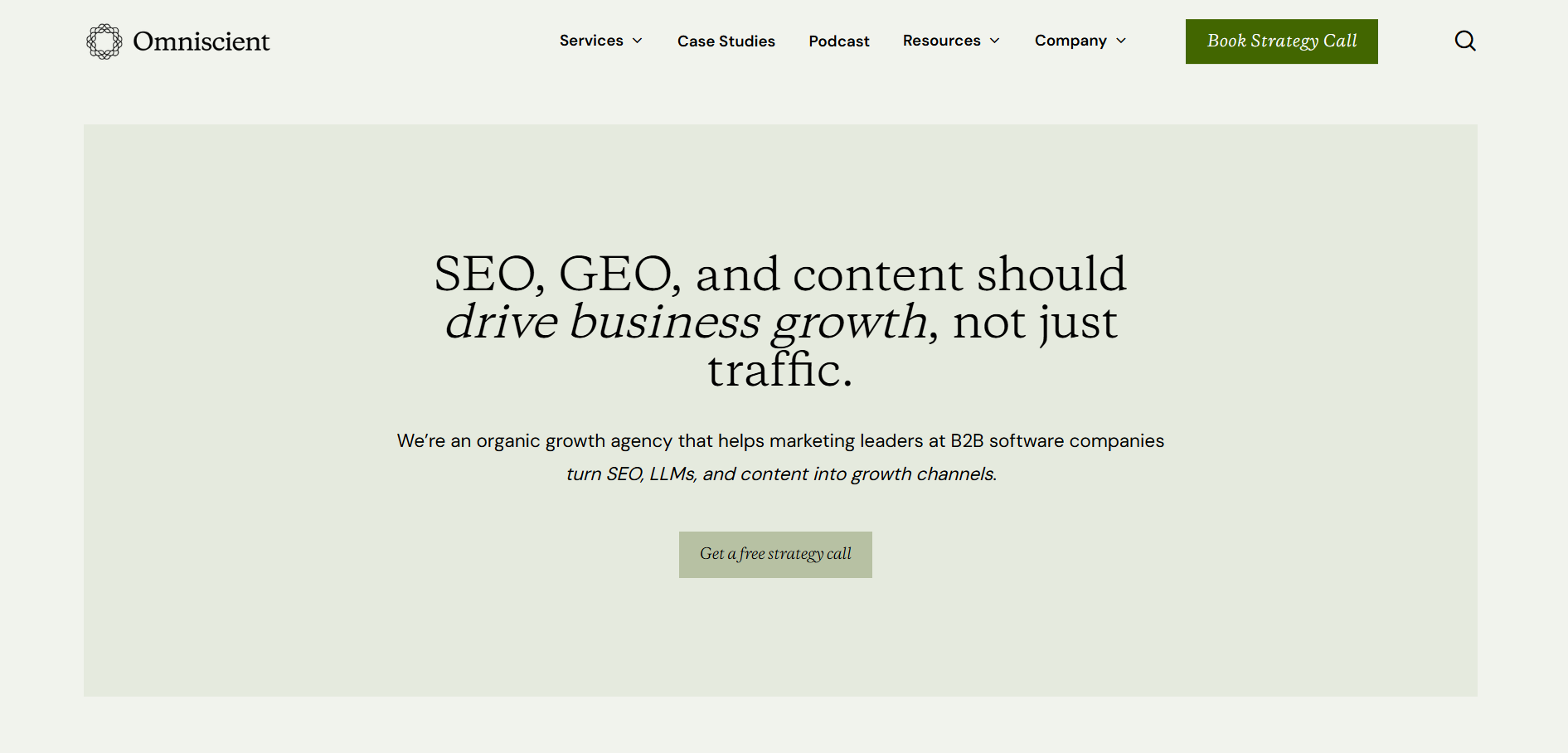 Omniscient Digital organic growth agency homepage focusing SEO GEO content for business growth