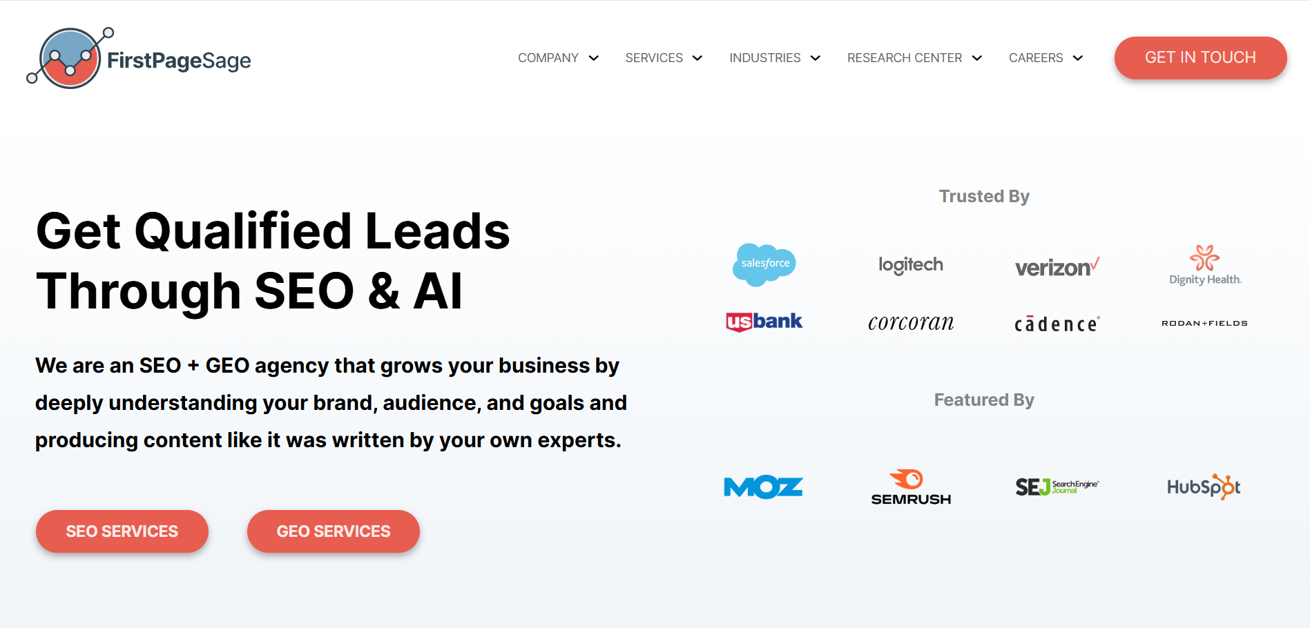First Page Sage SEO and GEO agency homepage for qualified leads through AI optimization and cybersecurity content
