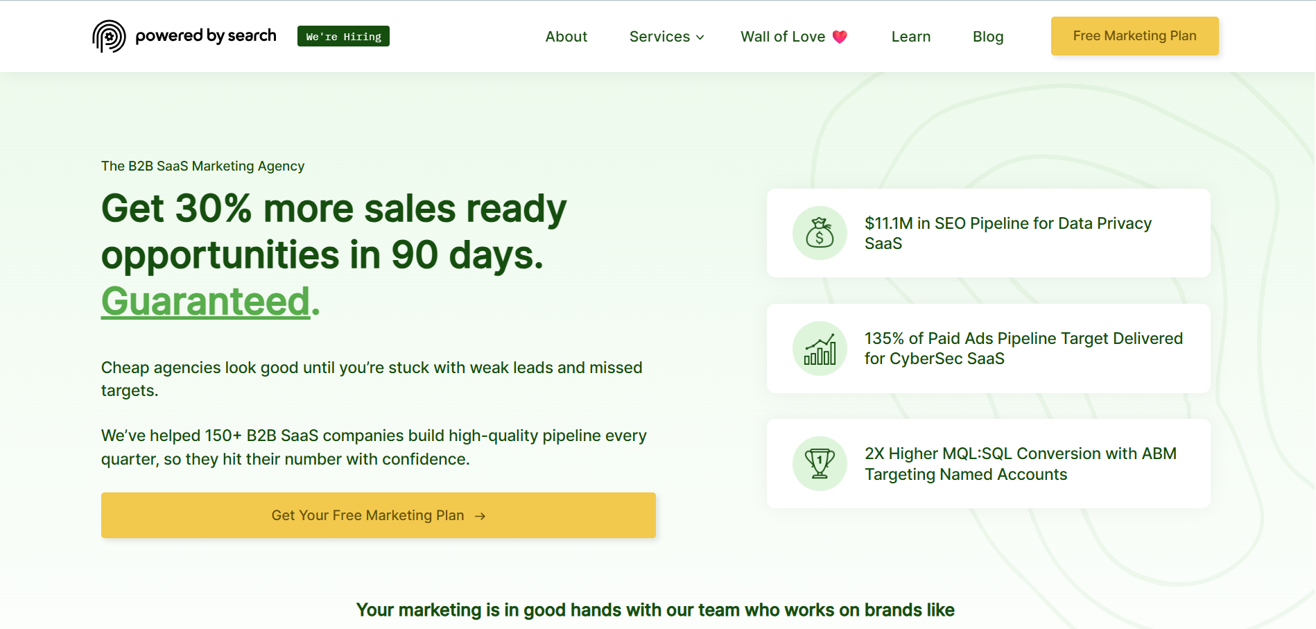 Powered by Search B2B SaaS marketing agency homepage promising 30% more sales opportunities