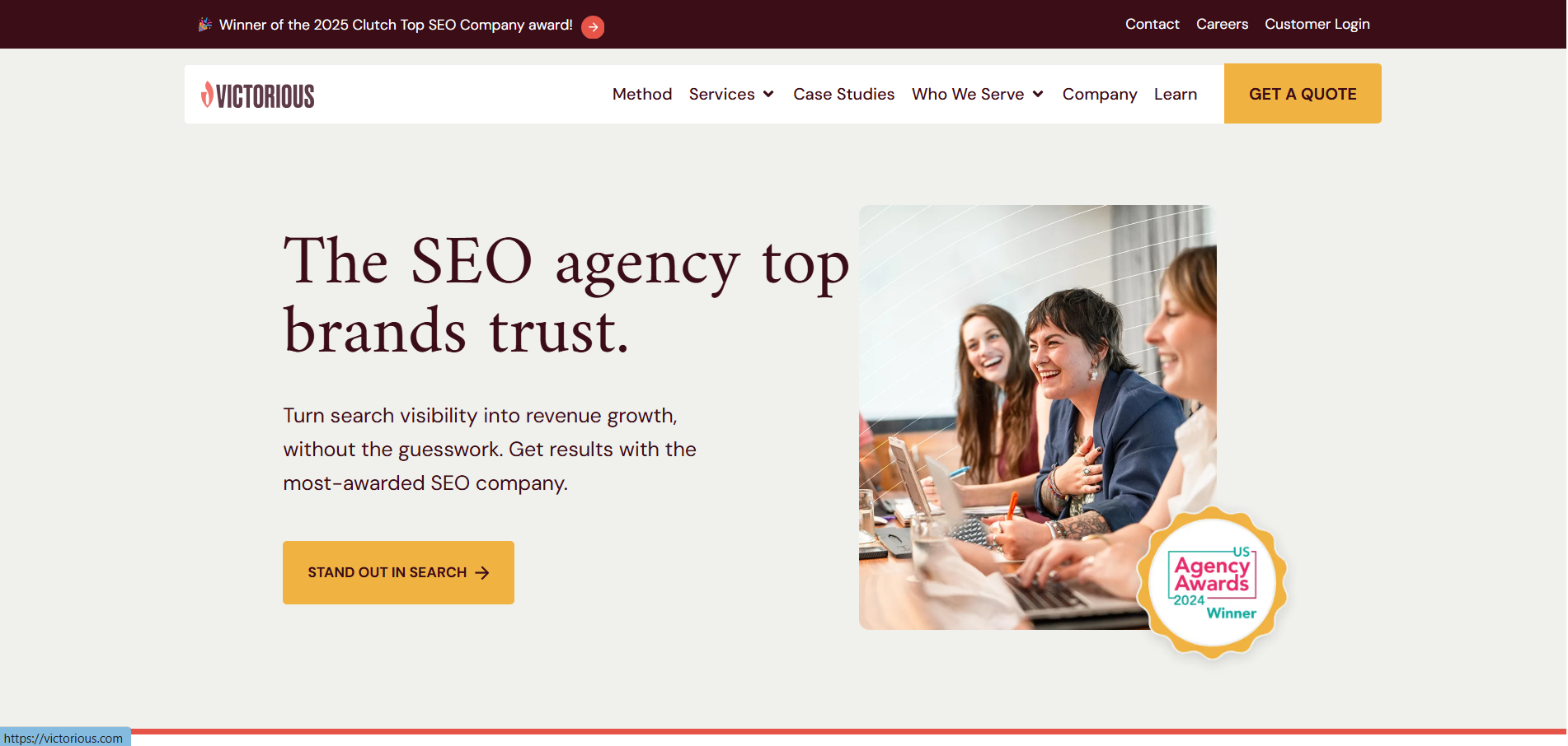 Victorious SEO agency homepage highlighting enterprise search intelligence systems