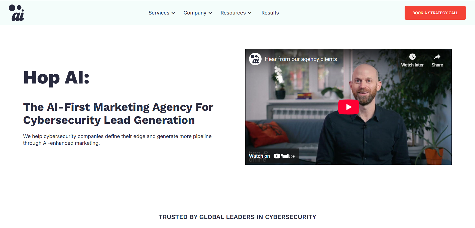 Hop AI marketing agency homepage emphasizing AI-first lead generation for cybersecurity