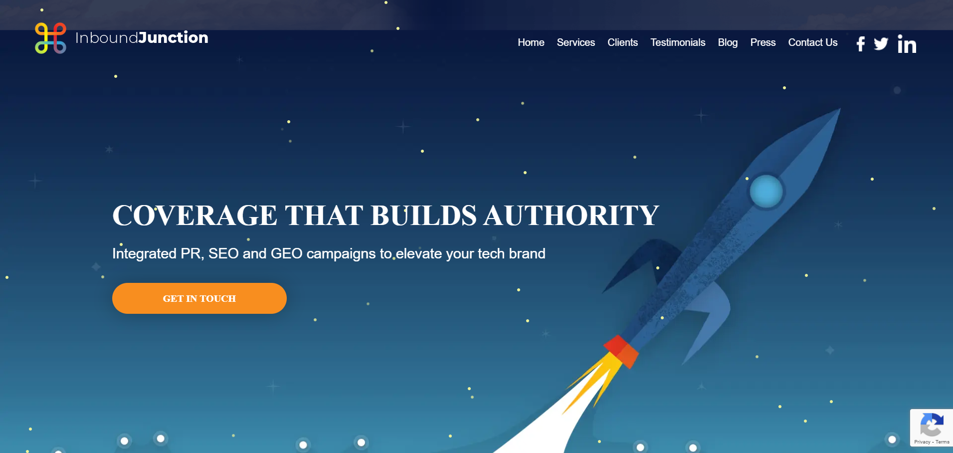 InboundJunction homepage displaying integrated PR, SEO, and GEO campaigns for tech brands