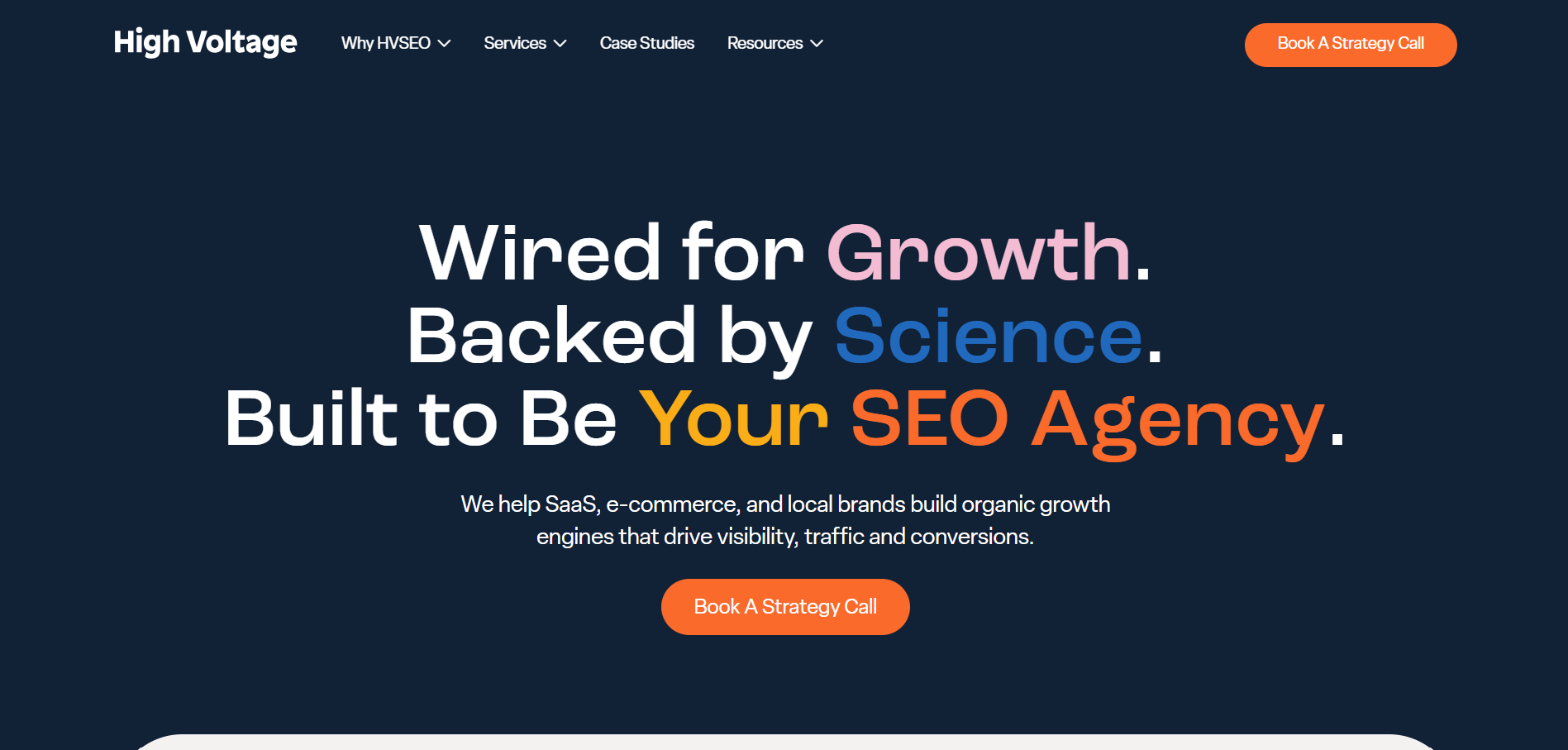 High Voltage SEO agency homepage wired for growth backed by science with orange call-to-action button