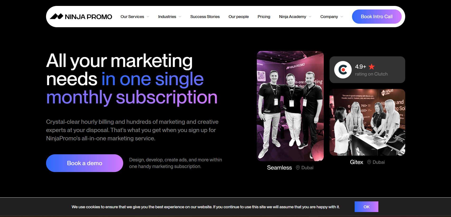 Ninja Promo homepage - all-in-one marketing subscription with 4.9 Clutch rating serving global software and blockchain companies