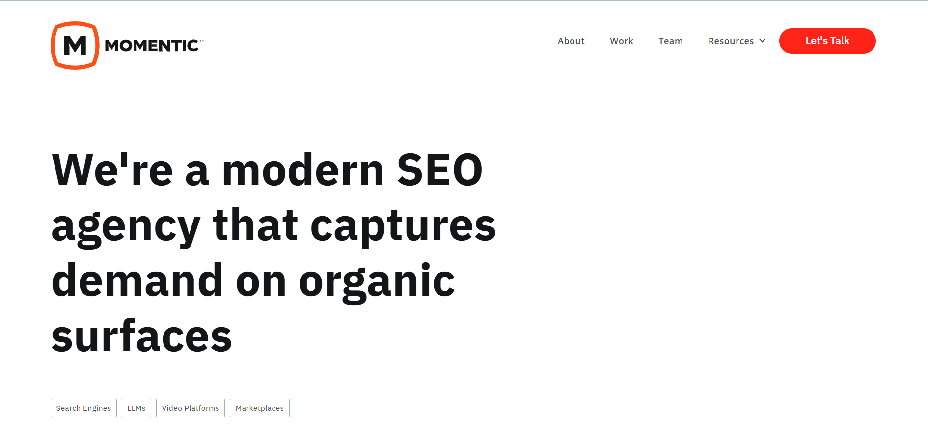 Momentic digital marketing agency homepage - modern SEO services for search engines, LLMs, video platforms and marketplaces