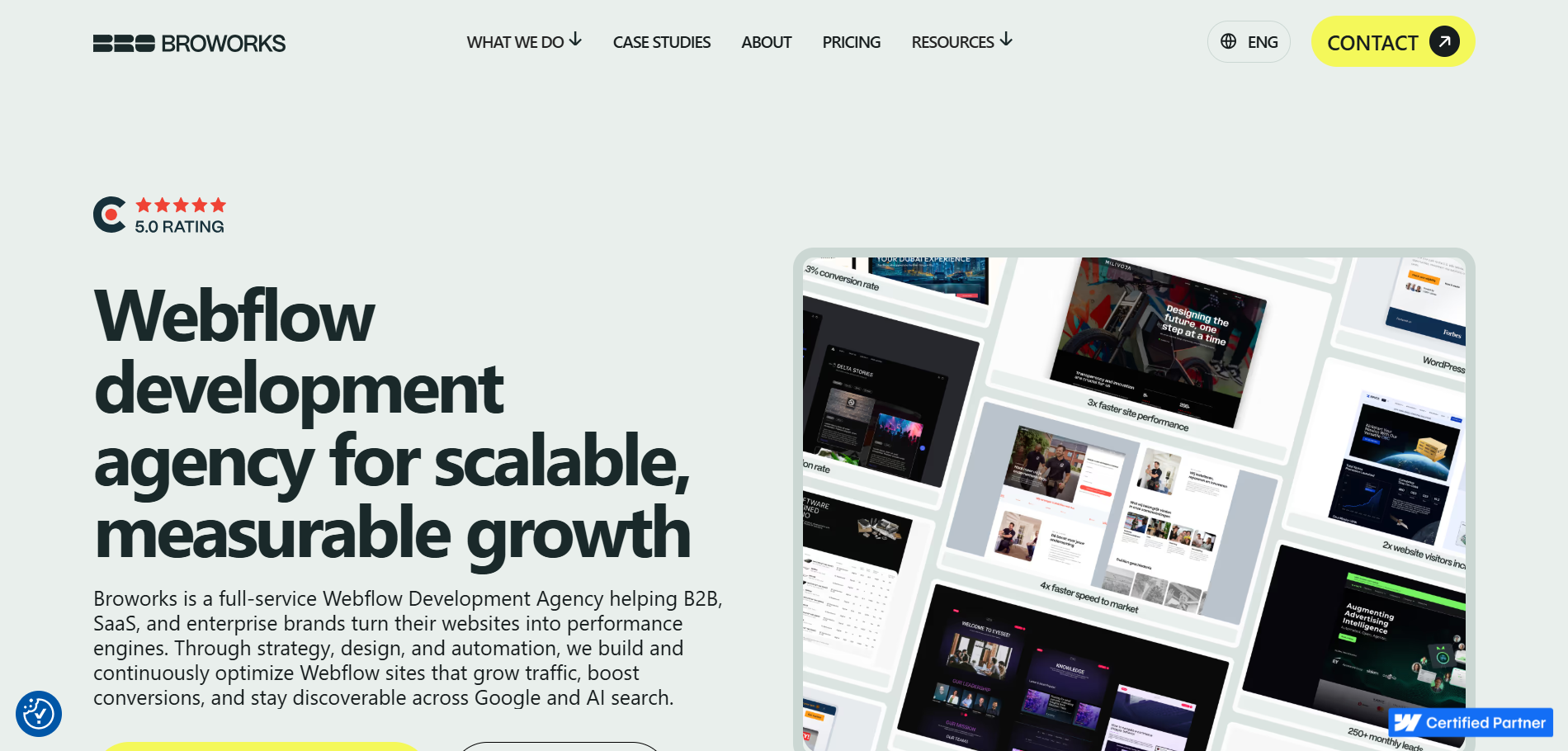  Broworks Webflow development agency homepage showcasing scalable enterprise solutions and measurable growth