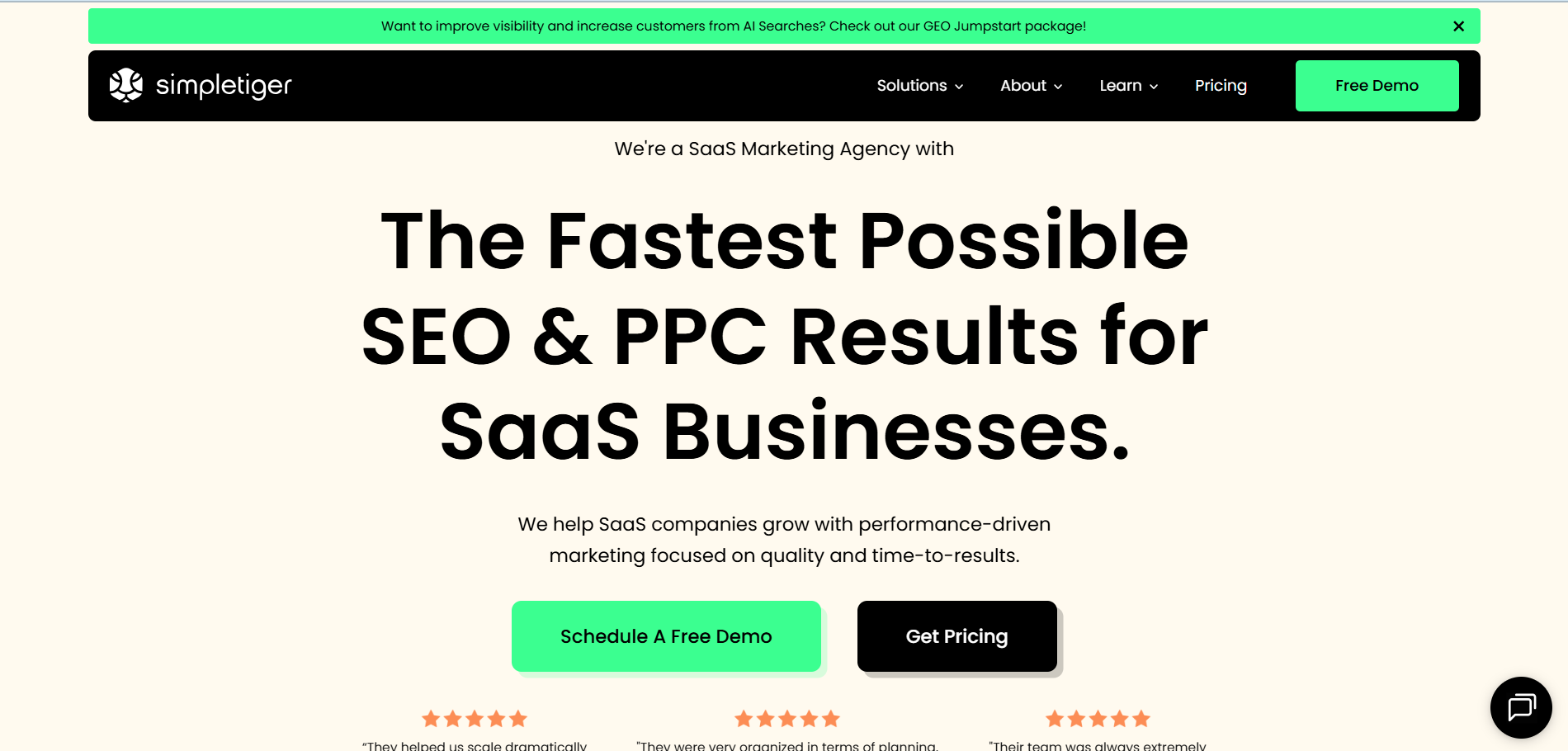 SimpleTiger SaaS marketing agency homepage featuring SEO and PPC services for fast business results