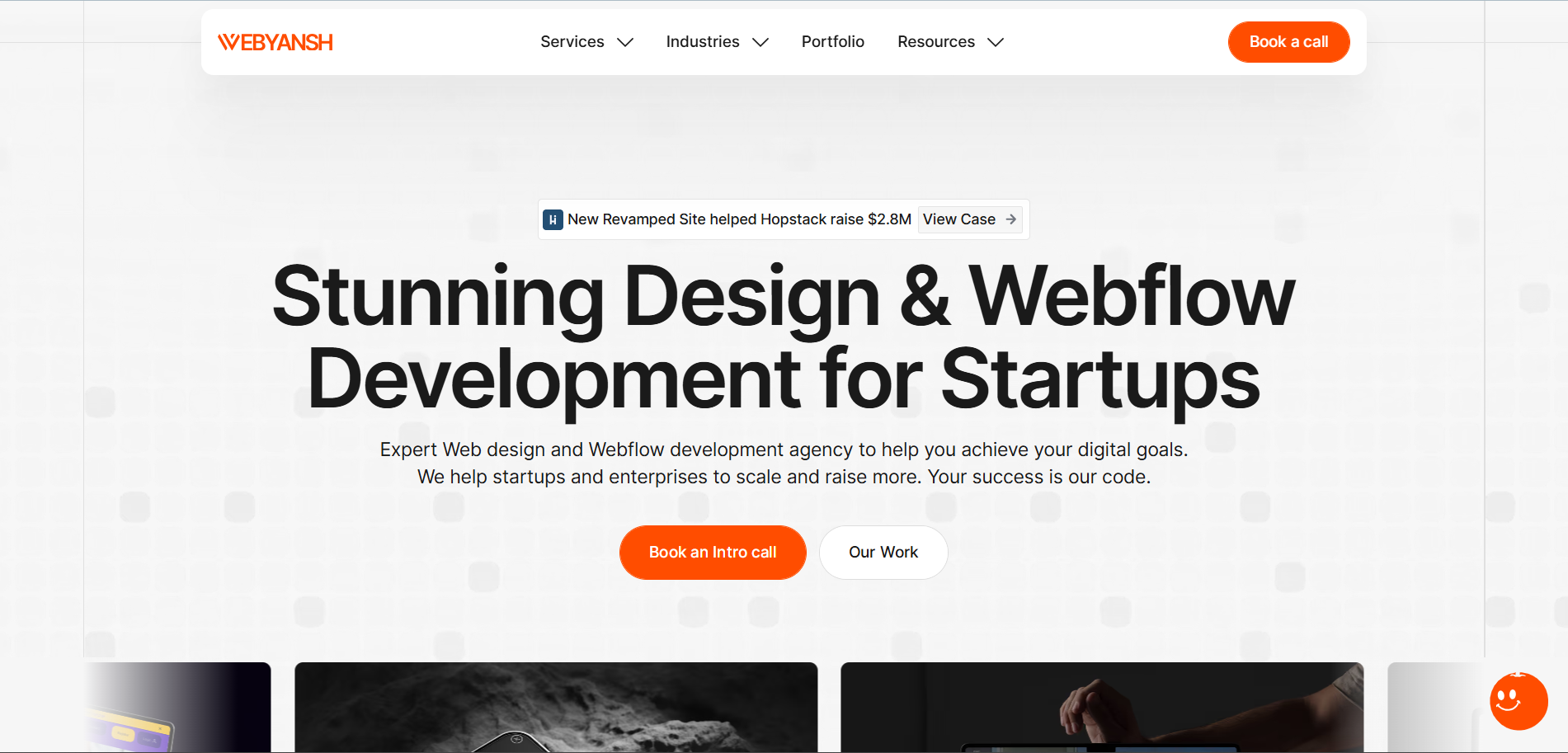 Webyansh Webflow agency homepage promoting design and development services for startup growth and funding