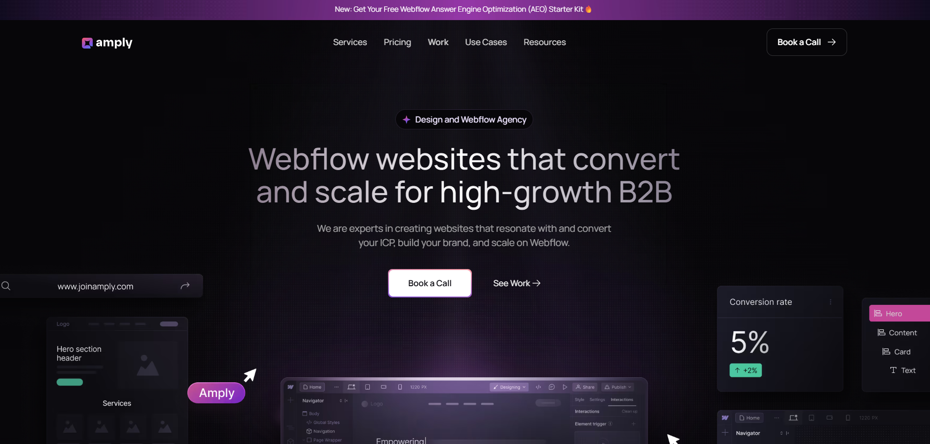 Amply Webflow agency homepage promoting Answer Engine Optimization starter kit and conversion-focused design