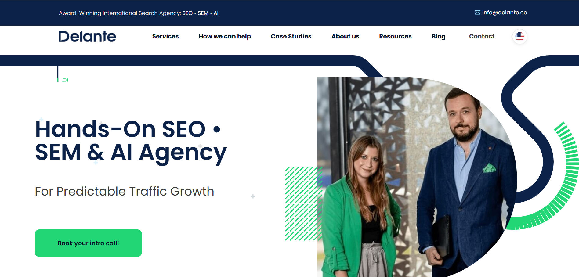  Delante international SEO agency homepage with technical optimization for customer success tools