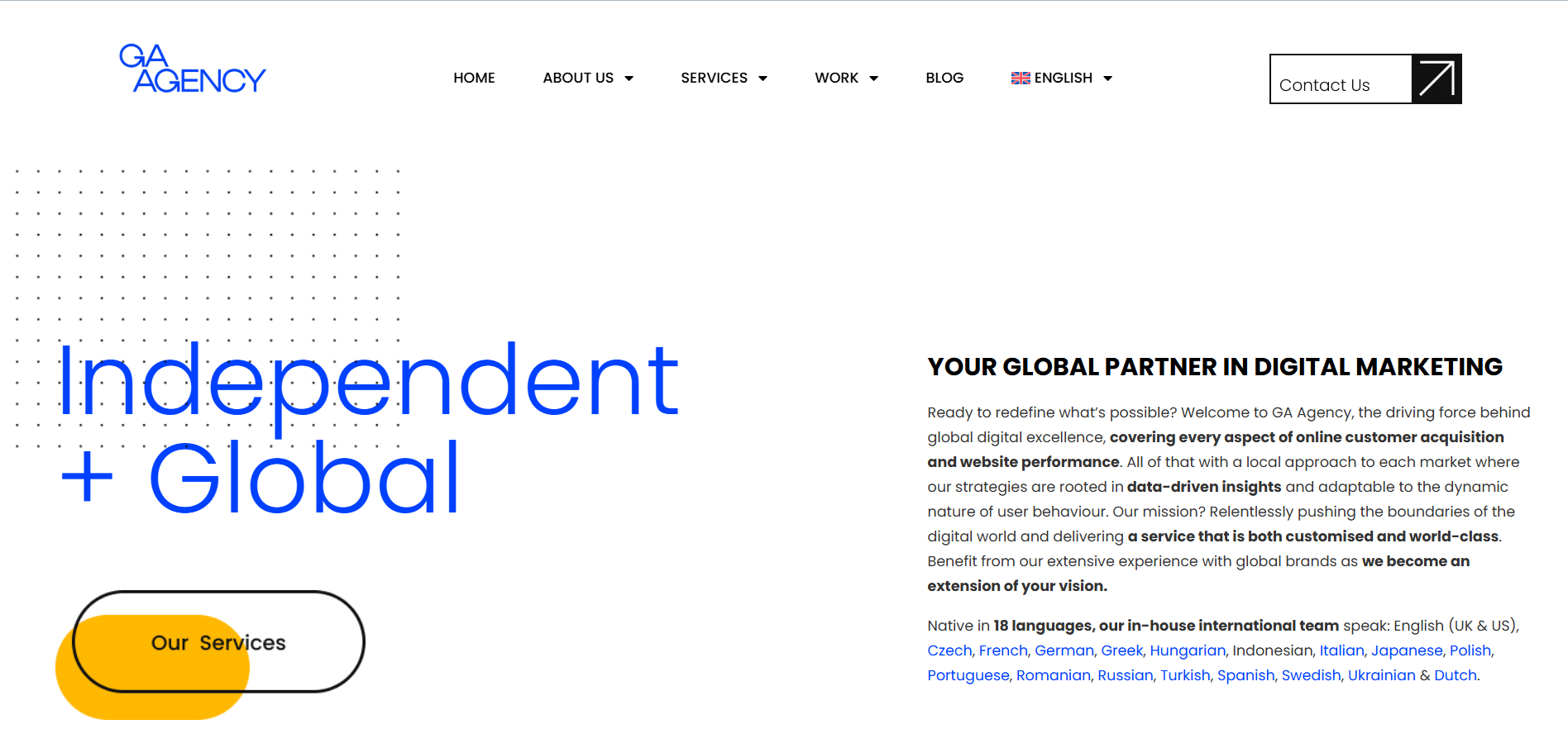 GA Agency international digital marketing homepage displaying global partnership approach and multilingual capabilities in 18 languages